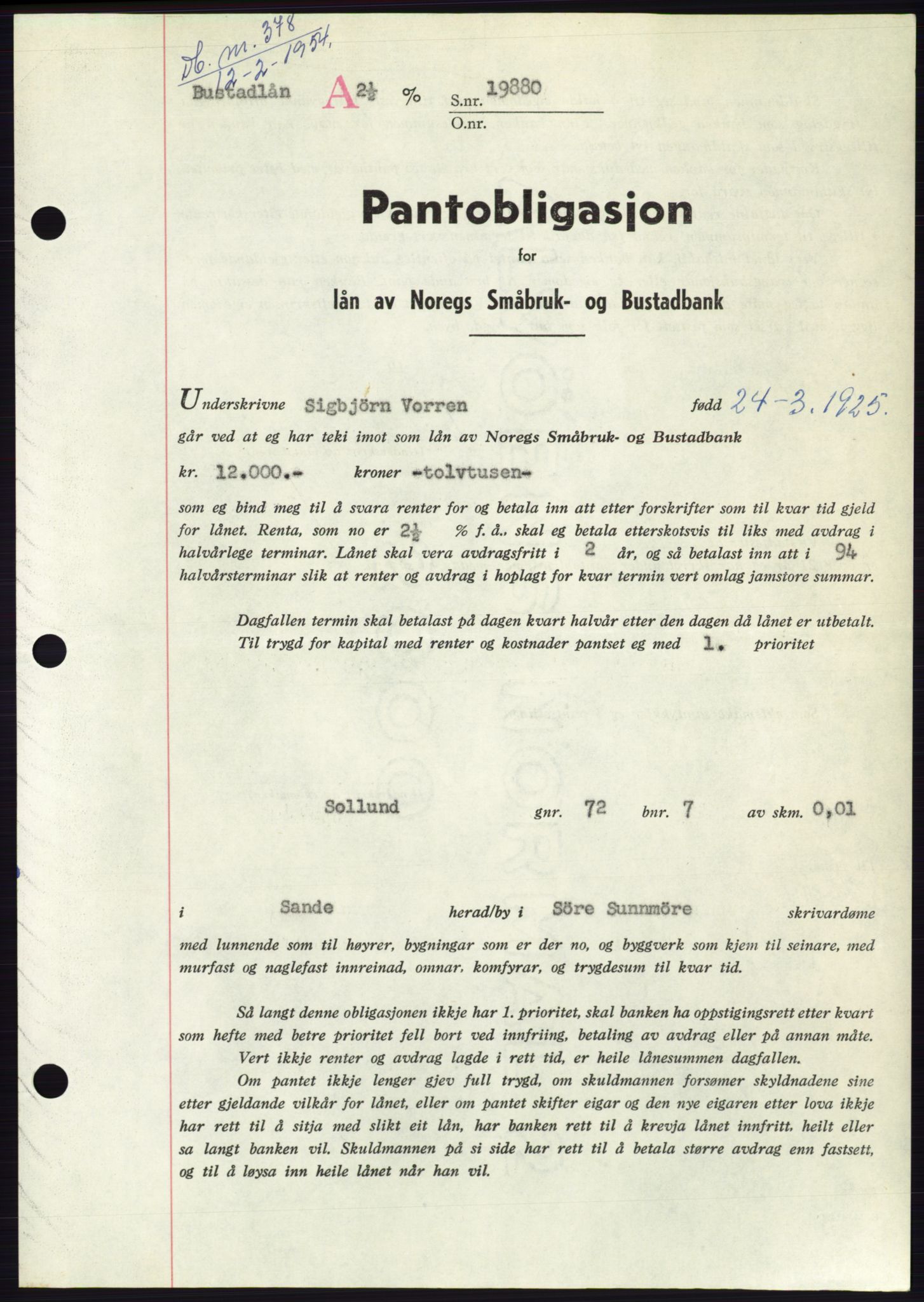 Søre Sunnmøre sorenskriveri, AV/SAT-A-4122/1/2/2C/L0124: Pantebok nr. 12B, 1953-1954, Dagboknr: 378/1954