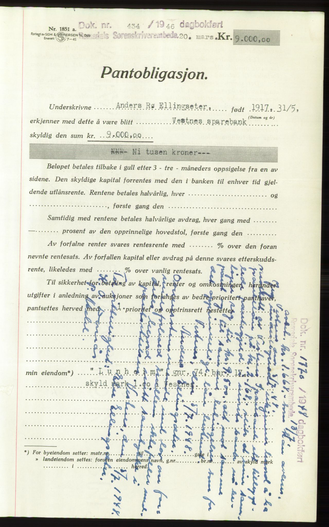 Romsdal sorenskriveri, SAT/A-4149/1/2/2C: Pantebok nr. B3, 1946-1948, Dagboknr: 434/1946