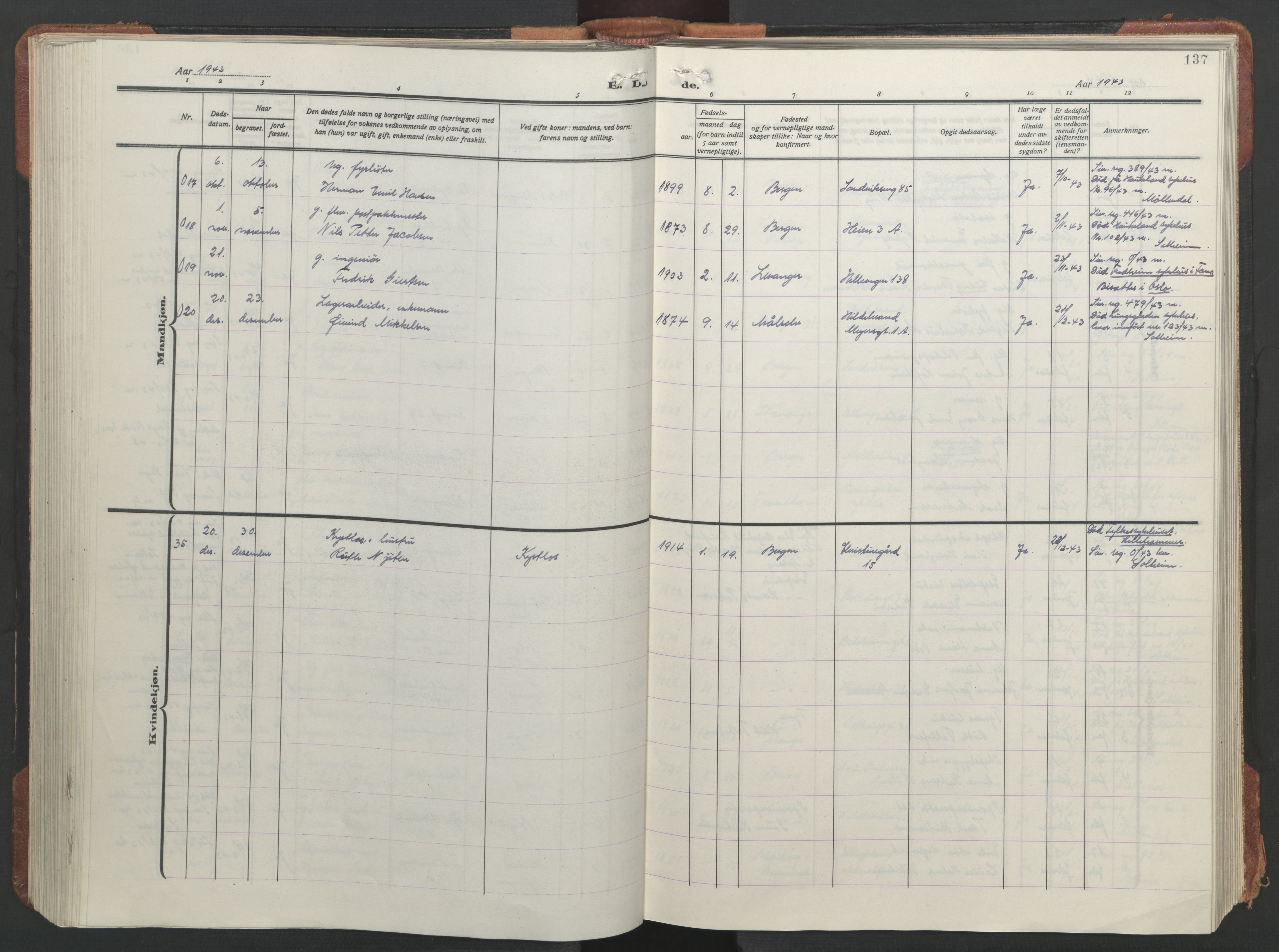 Sandviken Sokneprestembete, AV/SAB-A-77601/H/Hb/L0018: Klokkerbok nr. E 2, 1926-1962, s. 136b-137a