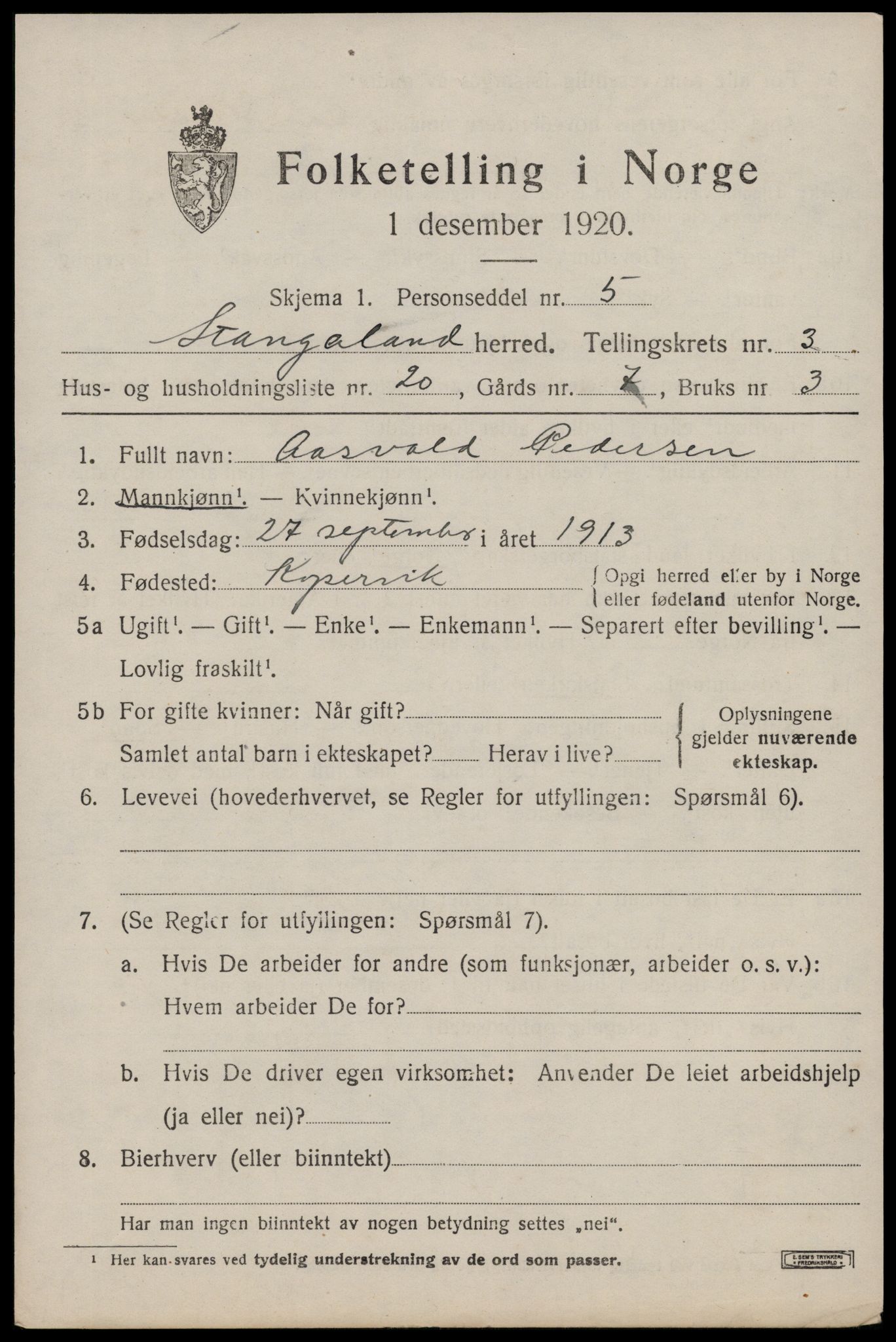 SAST, Folketelling 1920 for 1148 Stangaland herred, 1920, s. 2433