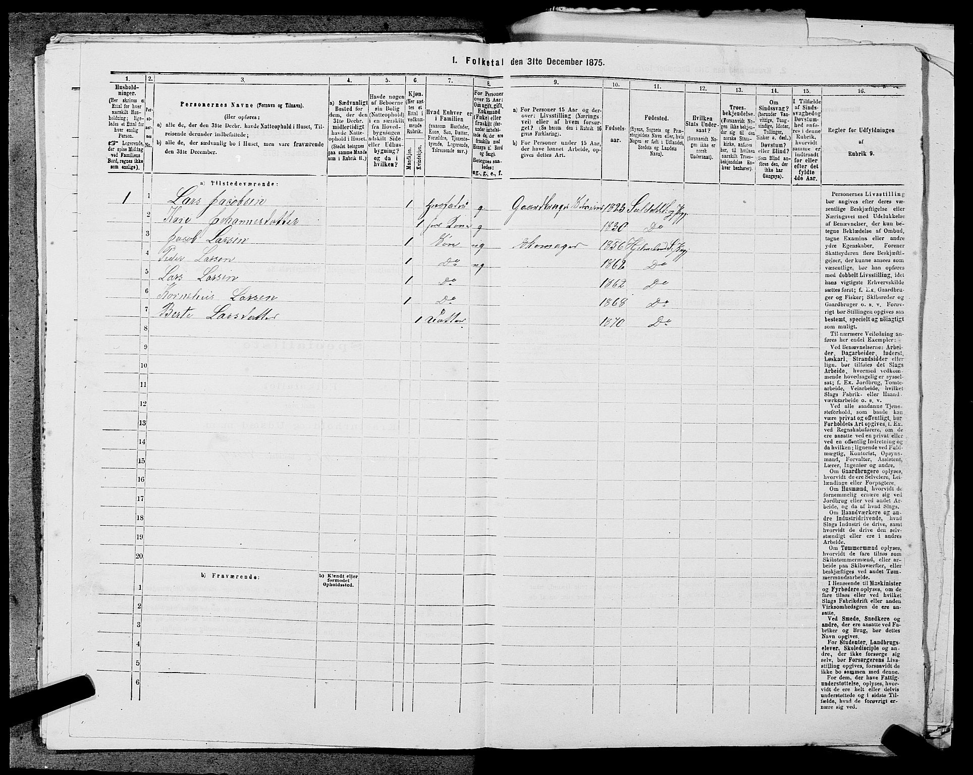 SAST, Folketelling 1875 for 1133P Hjelmeland prestegjeld, 1875, s. 309