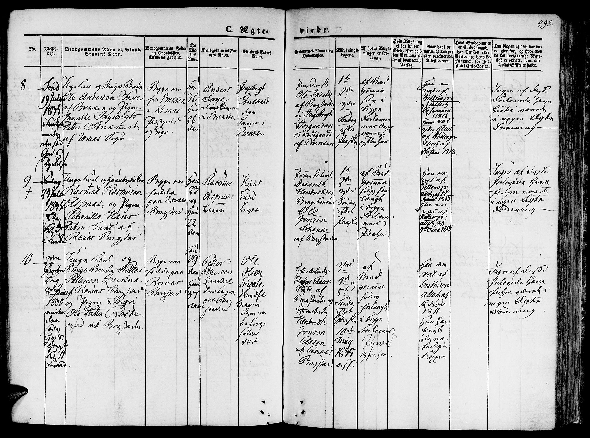 Ministerialprotokoller, klokkerbøker og fødselsregistre - Sør-Trøndelag, AV/SAT-A-1456/681/L0930: Ministerialbok nr. 681A08, 1829-1844, s. 493