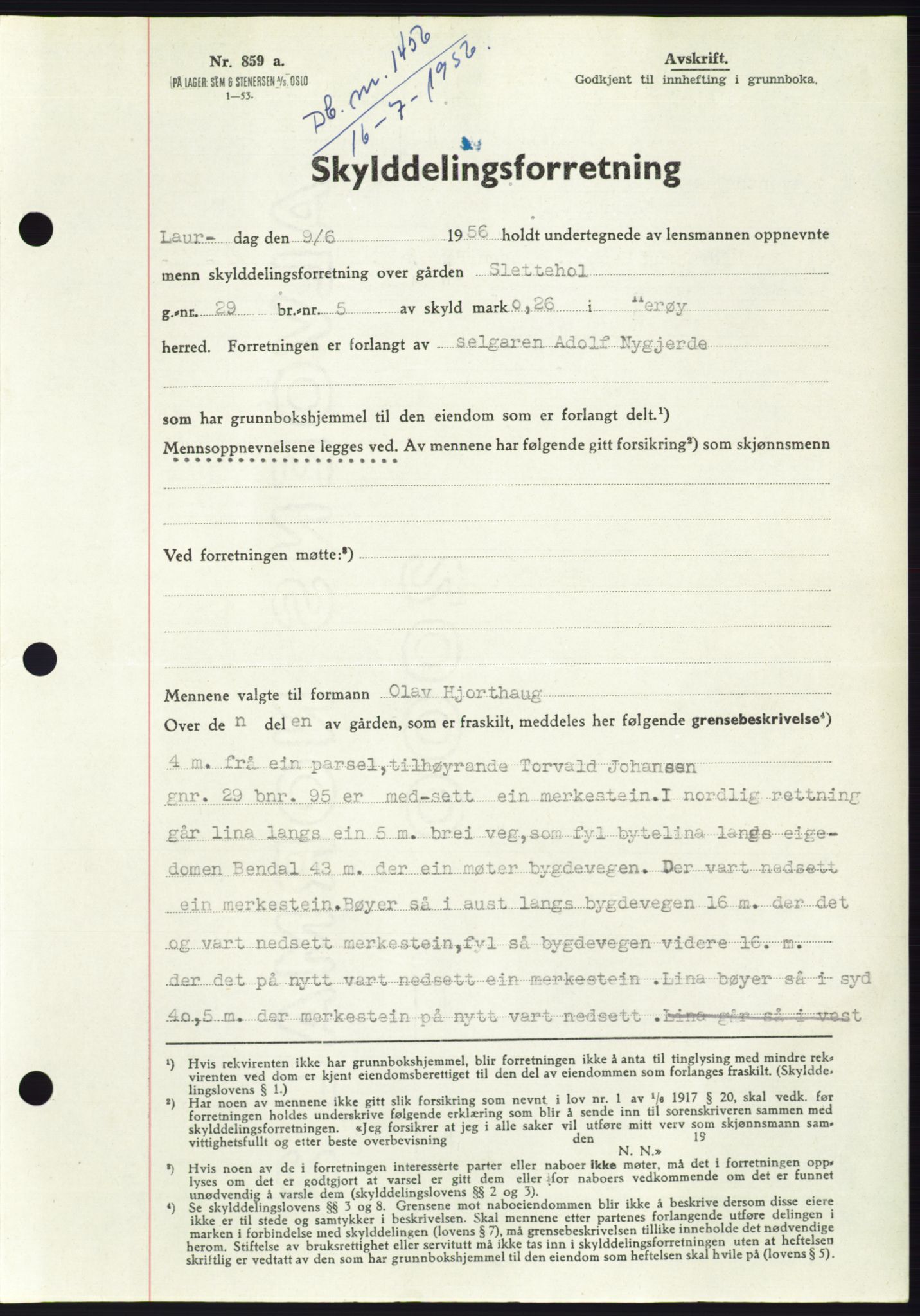 Søre Sunnmøre sorenskriveri, AV/SAT-A-4122/1/2/2C/L0104: Pantebok nr. 30A, 1956-1956, Dagboknr: 1456/1956