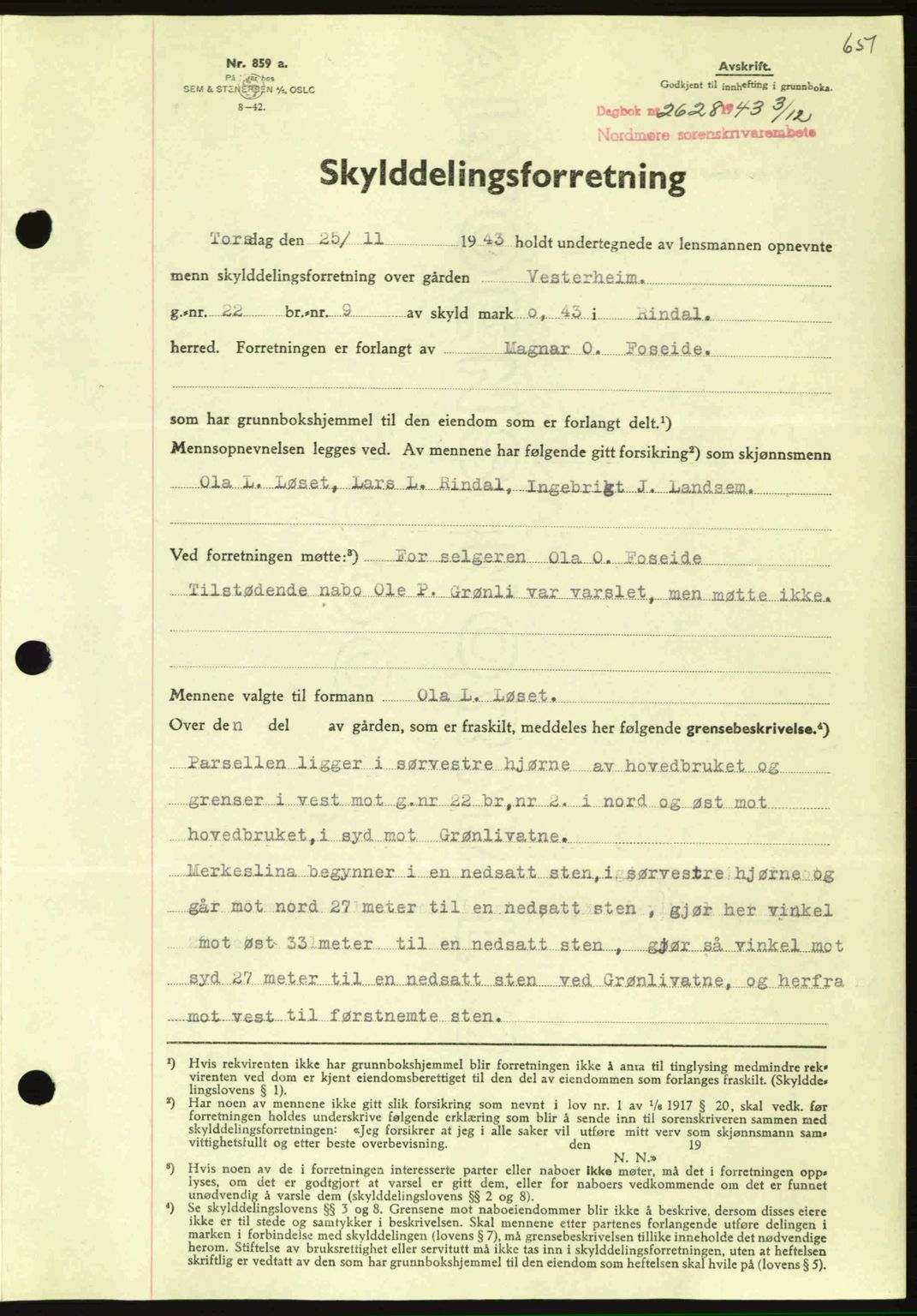 Nordmøre sorenskriveri, SAT/A-4132/1/2/2Ca: Pantebok nr. A96, 1943-1944, Dagboknr: 2628/1943