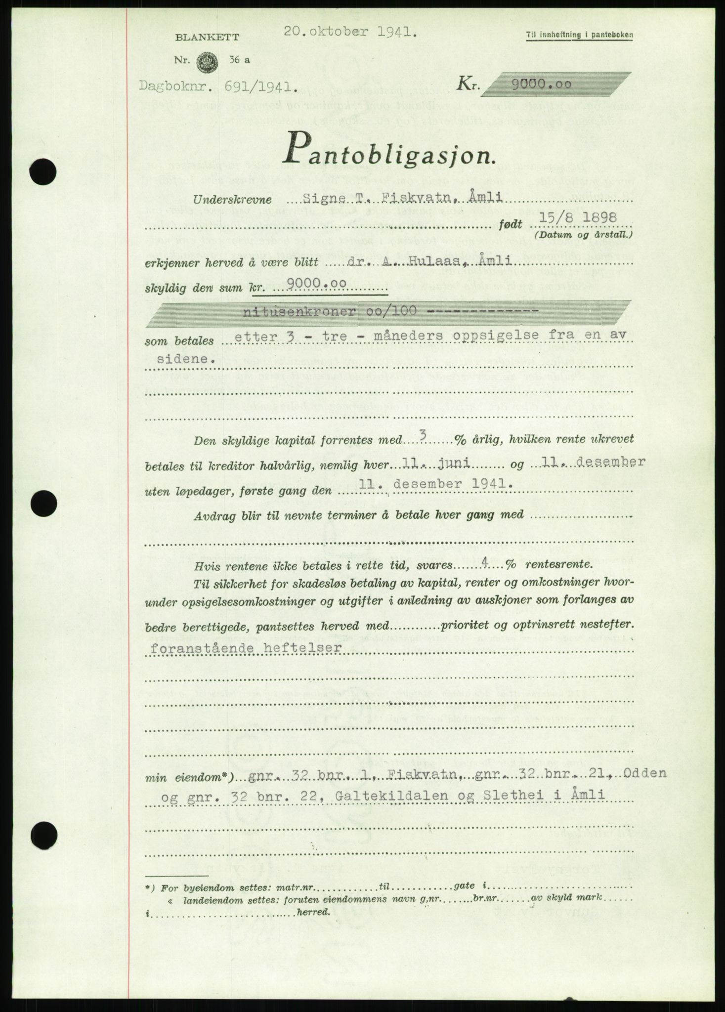 Nedenes sorenskriveri, SAK/1221-0006/G/Gb/Gbb/L0001: Pantebok nr. I, 1939-1942, Dagboknr: 691/1941