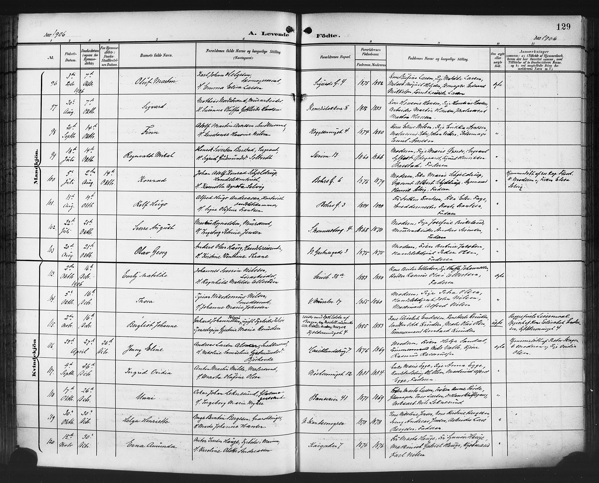 Domkirken sokneprestembete, SAB/A-74801/H/Hab/L0017: Klokkerbok nr. B 10, 1900-1915, s. 129