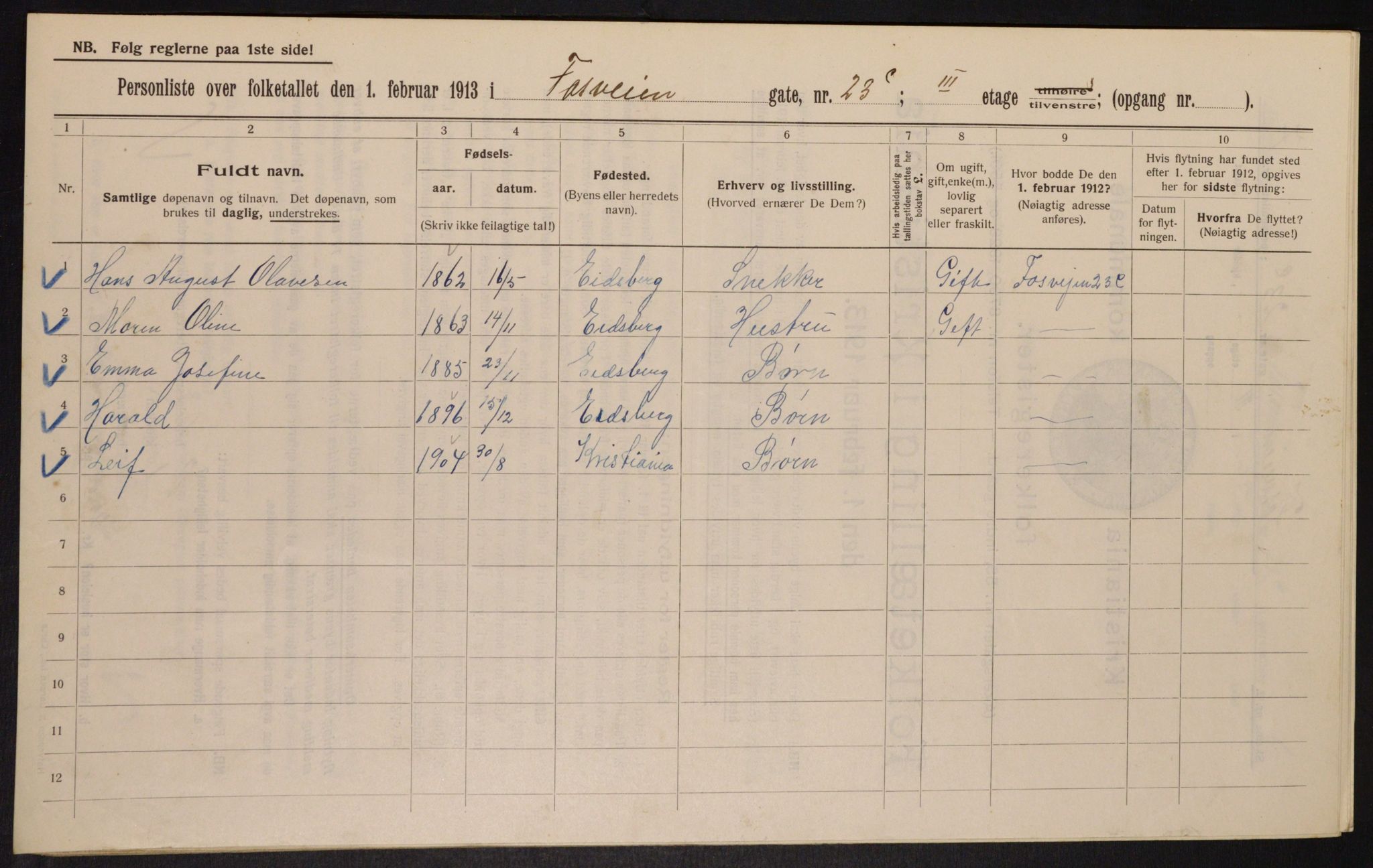 OBA, Kommunal folketelling 1.2.1913 for Kristiania, 1913, s. 25459