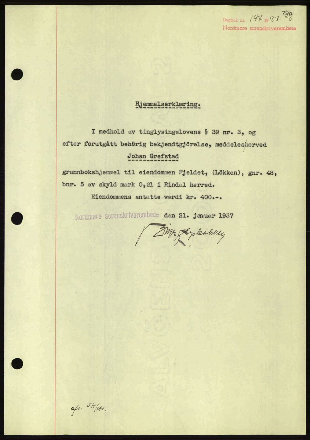 Nordmøre sorenskriveri, SAT/A-4132/1/2/2Ca: Pantebok nr. A80, 1936-1937, Dagboknr: 197/1937