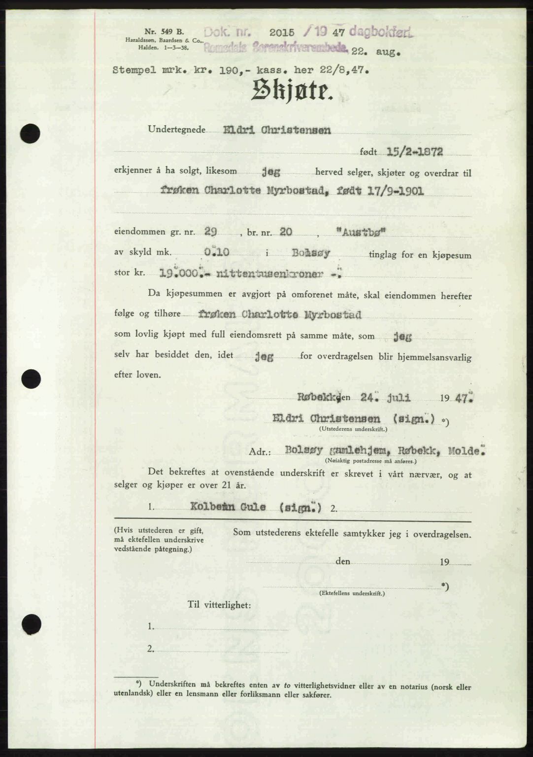 Romsdal sorenskriveri, AV/SAT-A-4149/1/2/2C: Pantebok nr. A23, 1947-1947, Dagboknr: 2015/1947