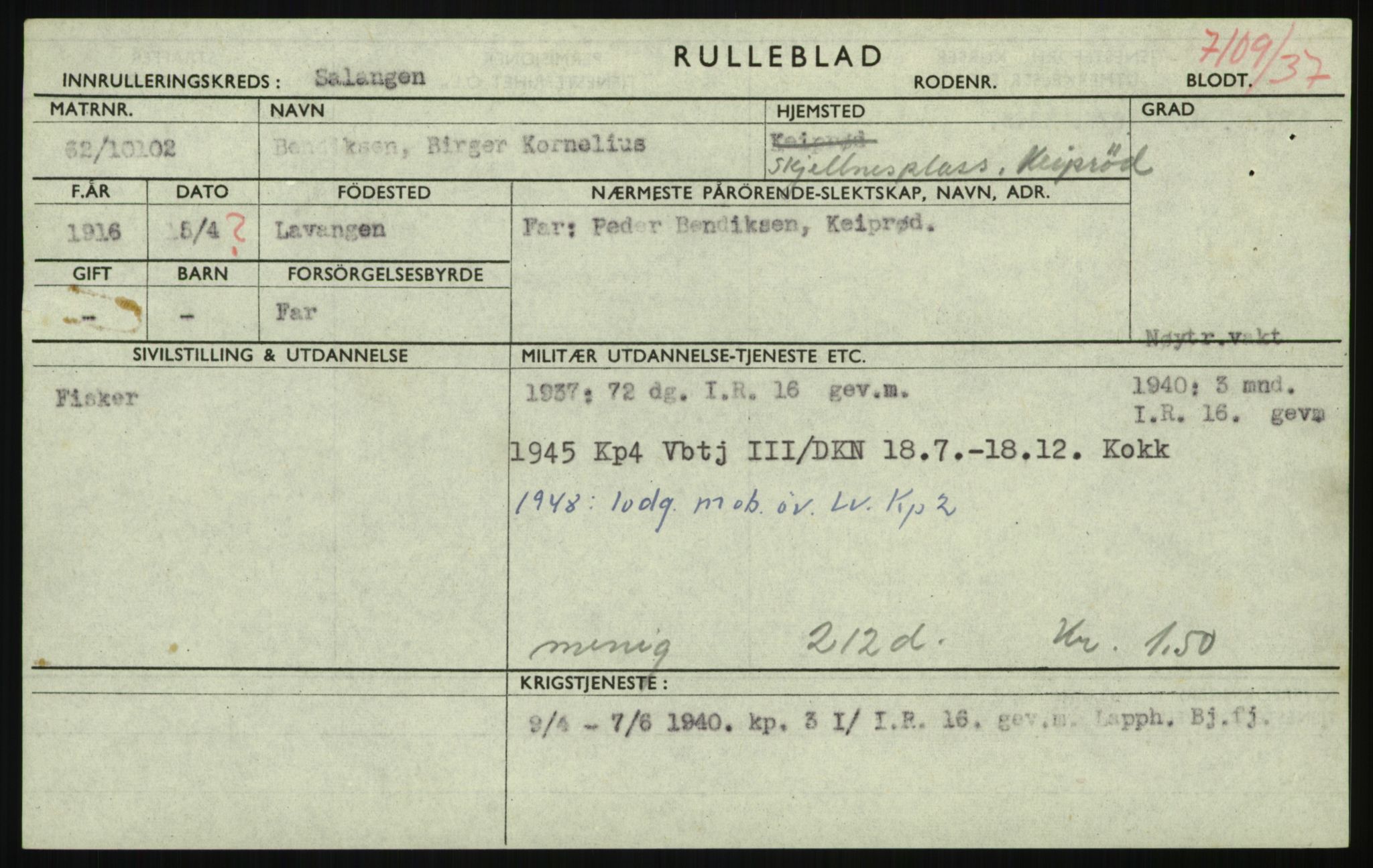 Forsvaret, Troms infanteriregiment nr. 16, AV/RA-RAFA-3146/P/Pa/L0021: Rulleblad for regimentets menige mannskaper, årsklasse 1937, 1937, s. 45