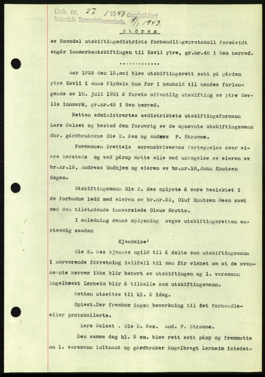 Romsdal sorenskriveri, SAT/A-4149/1/2/2C: Pantebok nr. A13, 1942-1943, Dagboknr: 27/1943