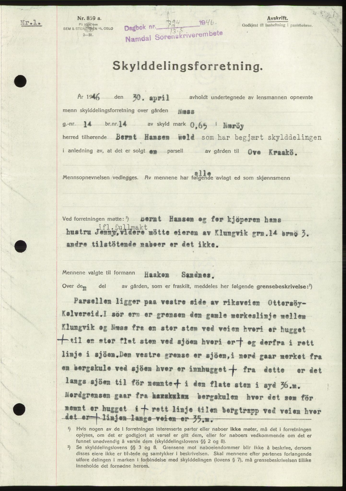 Namdal sorenskriveri, SAT/A-4133/1/2/2C: Pantebok nr. -, 1946-1946, Dagboknr: 724/1946