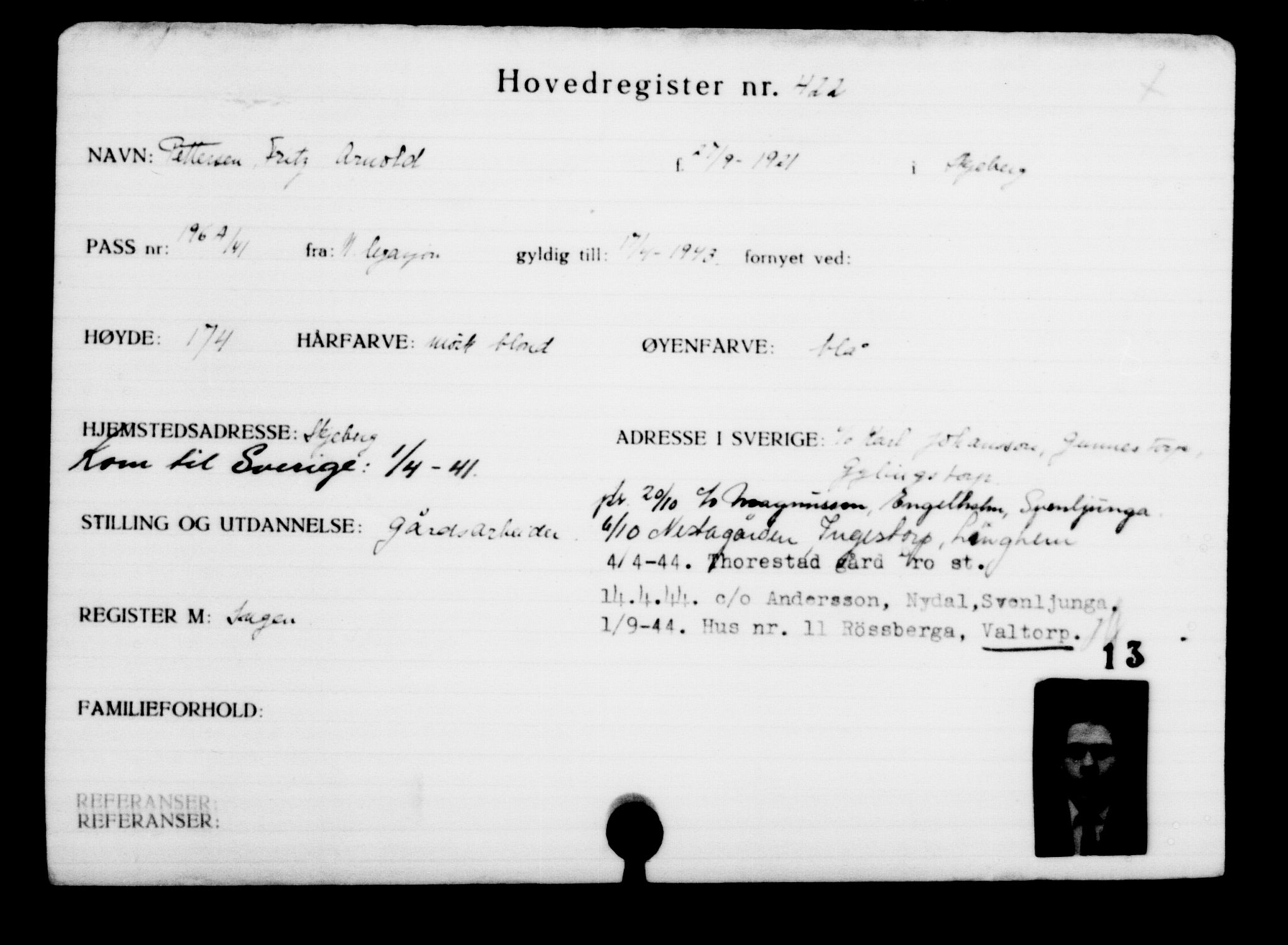 Utenriksstasjonene, Legasjonen i Stockholm, Flyktningkontoret, AV/RA-S-6753/V/Va/L0001: Kjesäterkartoteket, flyktninger med registreringsnr. 1-1000, 1940-1945, s. 661