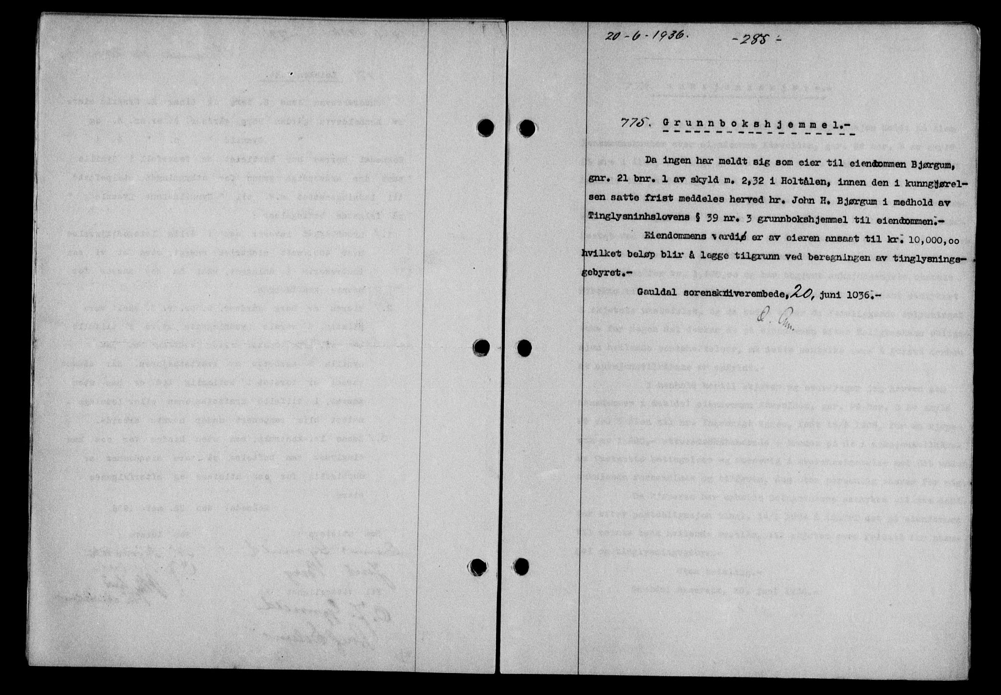 Gauldal sorenskriveri, SAT/A-0014/1/2/2C/L0046: Pantebok nr. 49-50, 1936-1937, Dagboknr: 775/1936