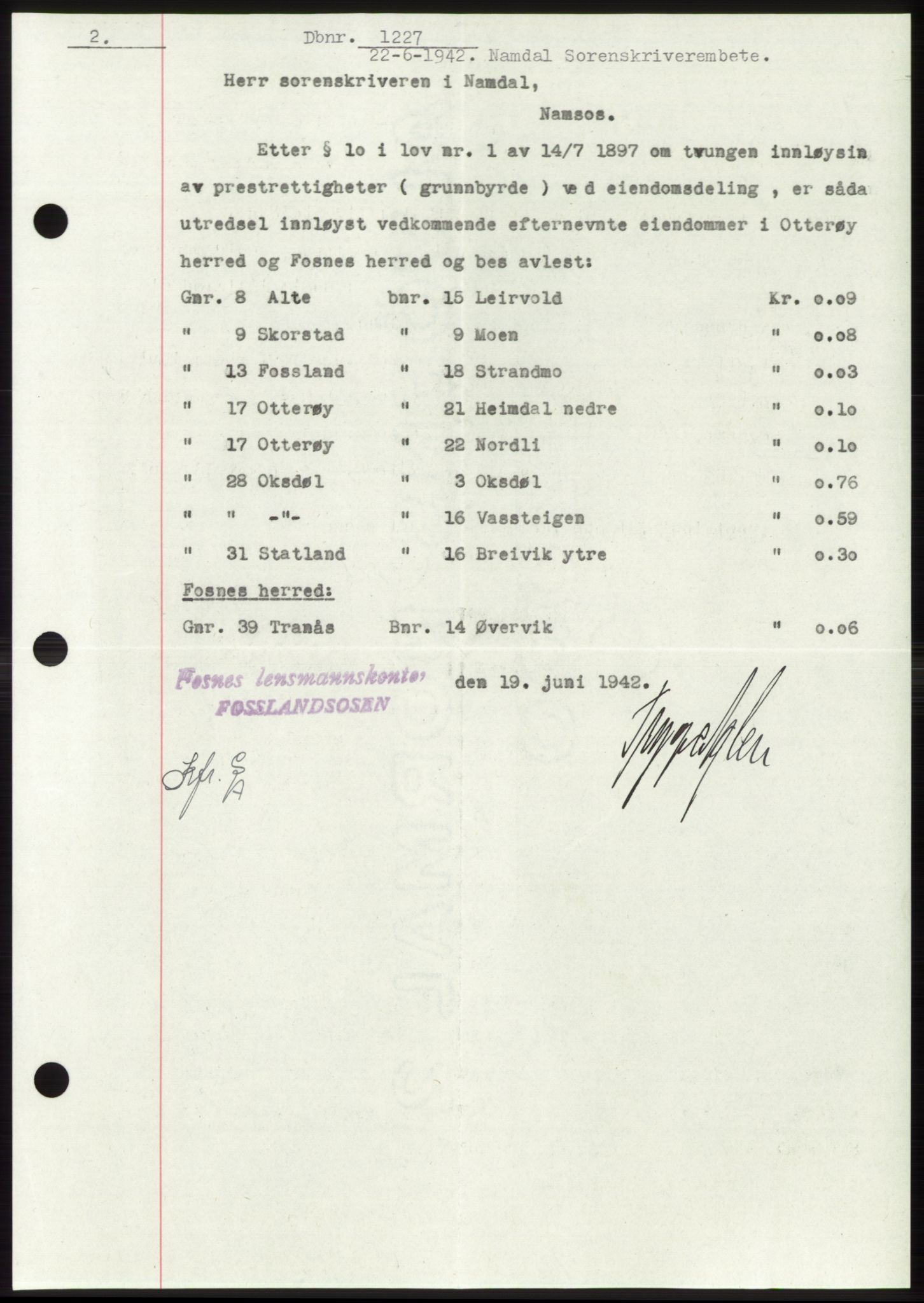 Namdal sorenskriveri, SAT/A-4133/1/2/2C: Pantebok nr. -, 1941-1942, Dagboknr: 1227/1942