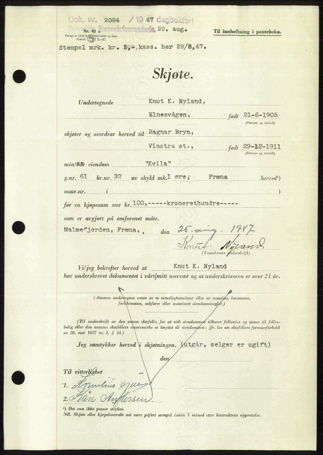 Romsdal sorenskriveri, AV/SAT-A-4149/1/2/2C: Pantebok nr. A23, 1947-1947, Dagboknr: 2084/1947