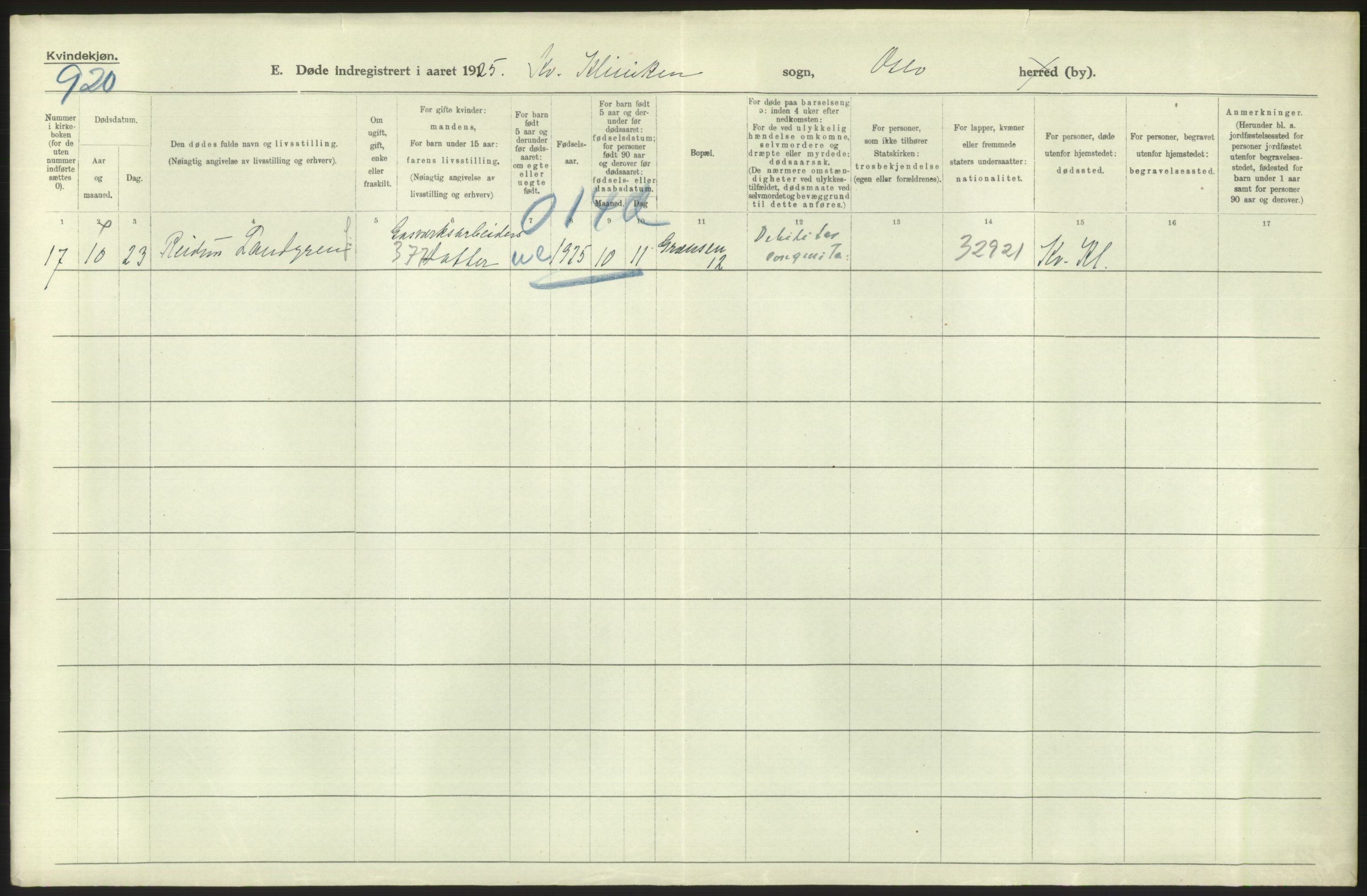 Statistisk sentralbyrå, Sosiodemografiske emner, Befolkning, AV/RA-S-2228/D/Df/Dfc/Dfce/L0010: Oslo: Døde kvinner, dødfødte, 1925, s. 746