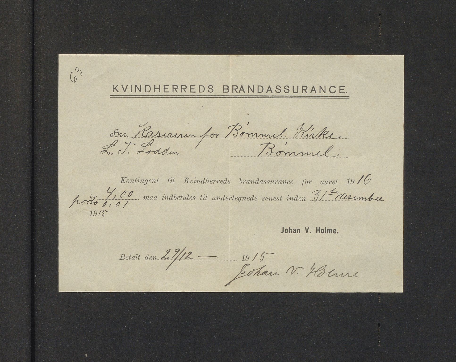 Bømlo kommune. Kyrkjekassen, IKAH/1219-121.2/R/Ra/Raa/L0001/0002: Årsrekneskap med bilag / Årsrekneskap med bilag, 1915-1916