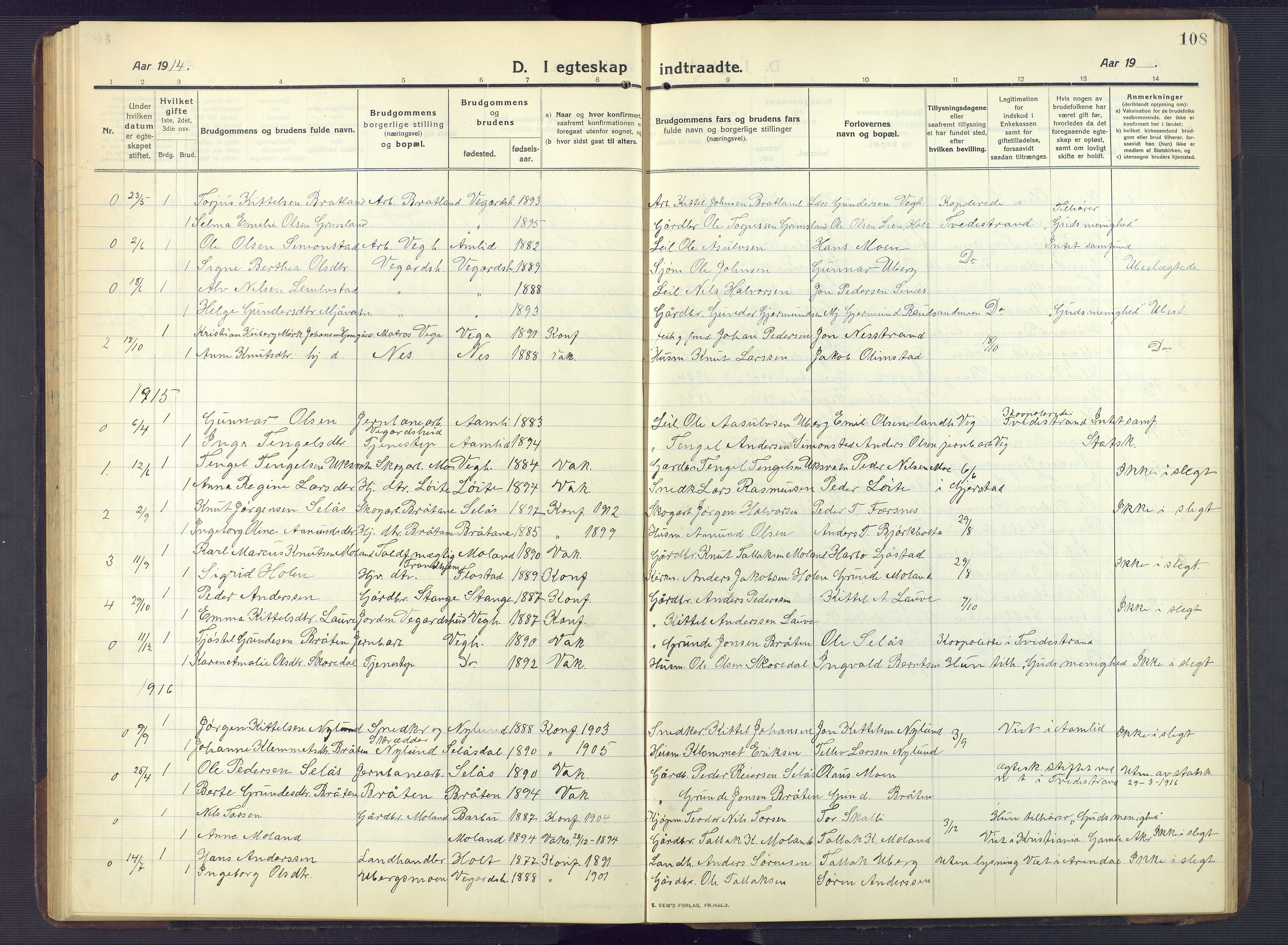 Gjerstad sokneprestkontor, AV/SAK-1111-0014/F/Fb/Fbb/L0005: Klokkerbok nr. B 5, 1911-1949, s. 108