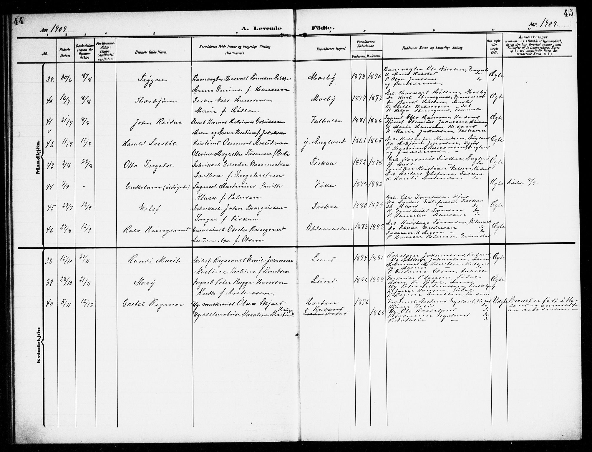Oddernes sokneprestkontor, AV/SAK-1111-0033/F/Fb/Fba/L0010: Klokkerbok nr. B 10, 1907-1941, s. 44-45
