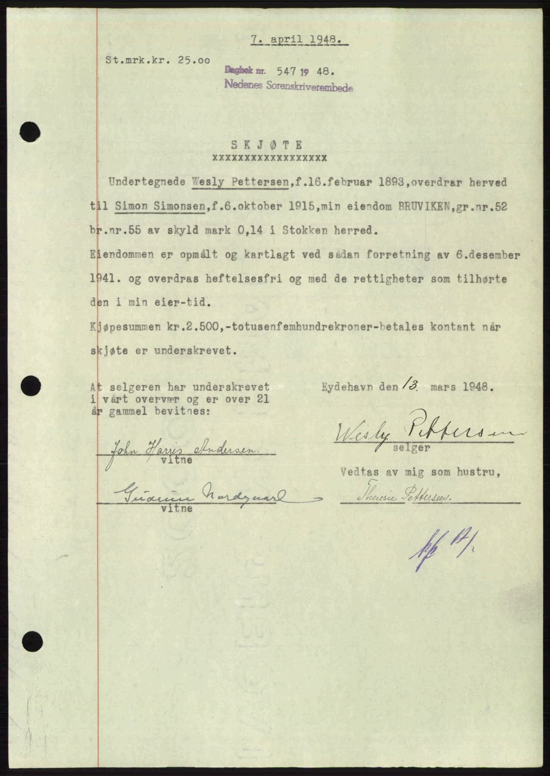 Nedenes sorenskriveri, AV/SAK-1221-0006/G/Gb/Gba/L0059: Pantebok nr. A11, 1948-1948, Dagboknr: 547/1948