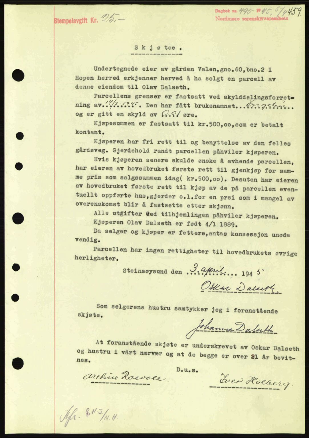 Nordmøre sorenskriveri, SAT/A-4132/1/2/2Ca: Pantebok nr. A99, 1945-1945, Dagboknr: 495/1945