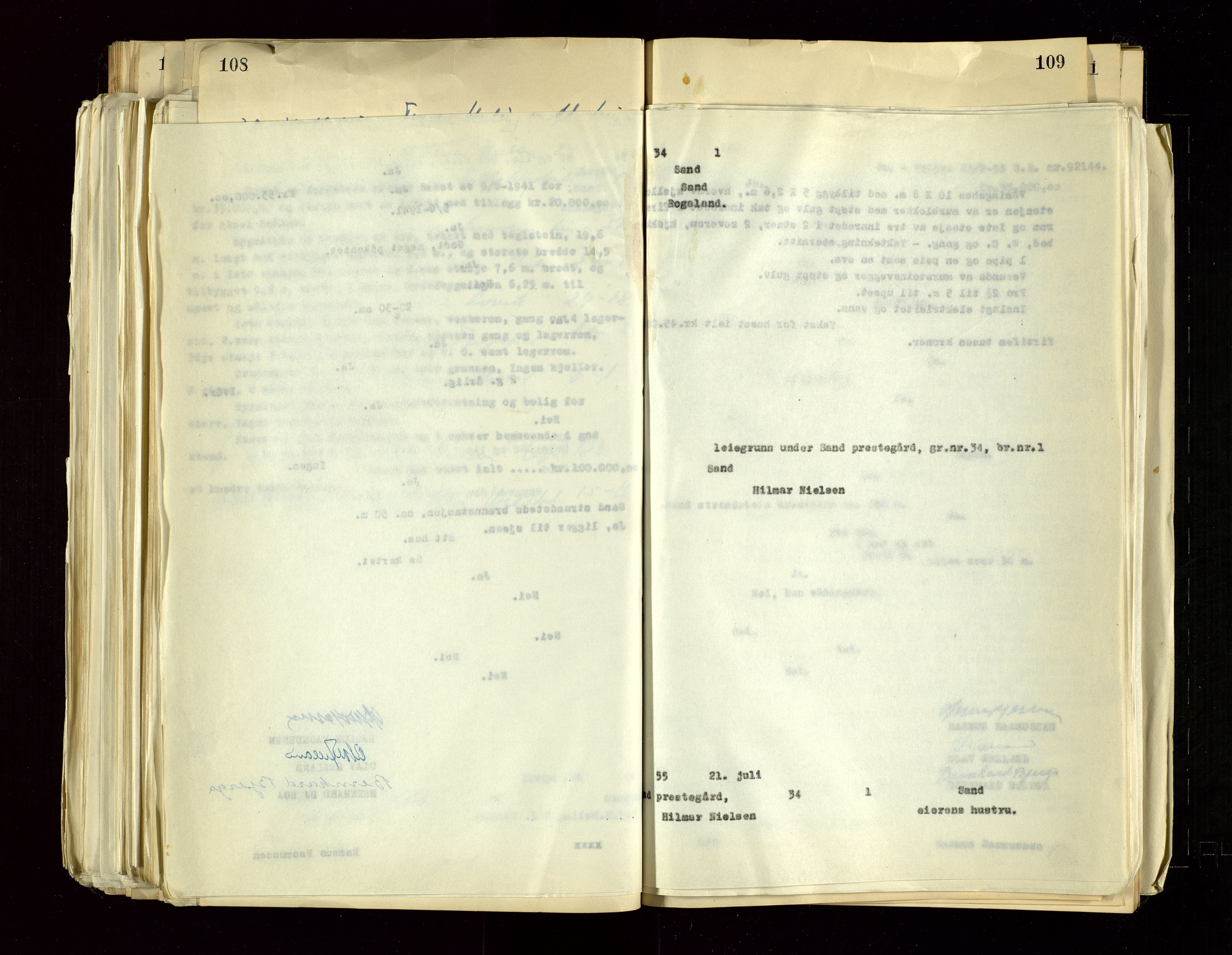 Sand lensmannskontor, AV/SAST-A-100415/Gob/L0004: Branntakstprotokoll, 1937-1955, s. 108-109