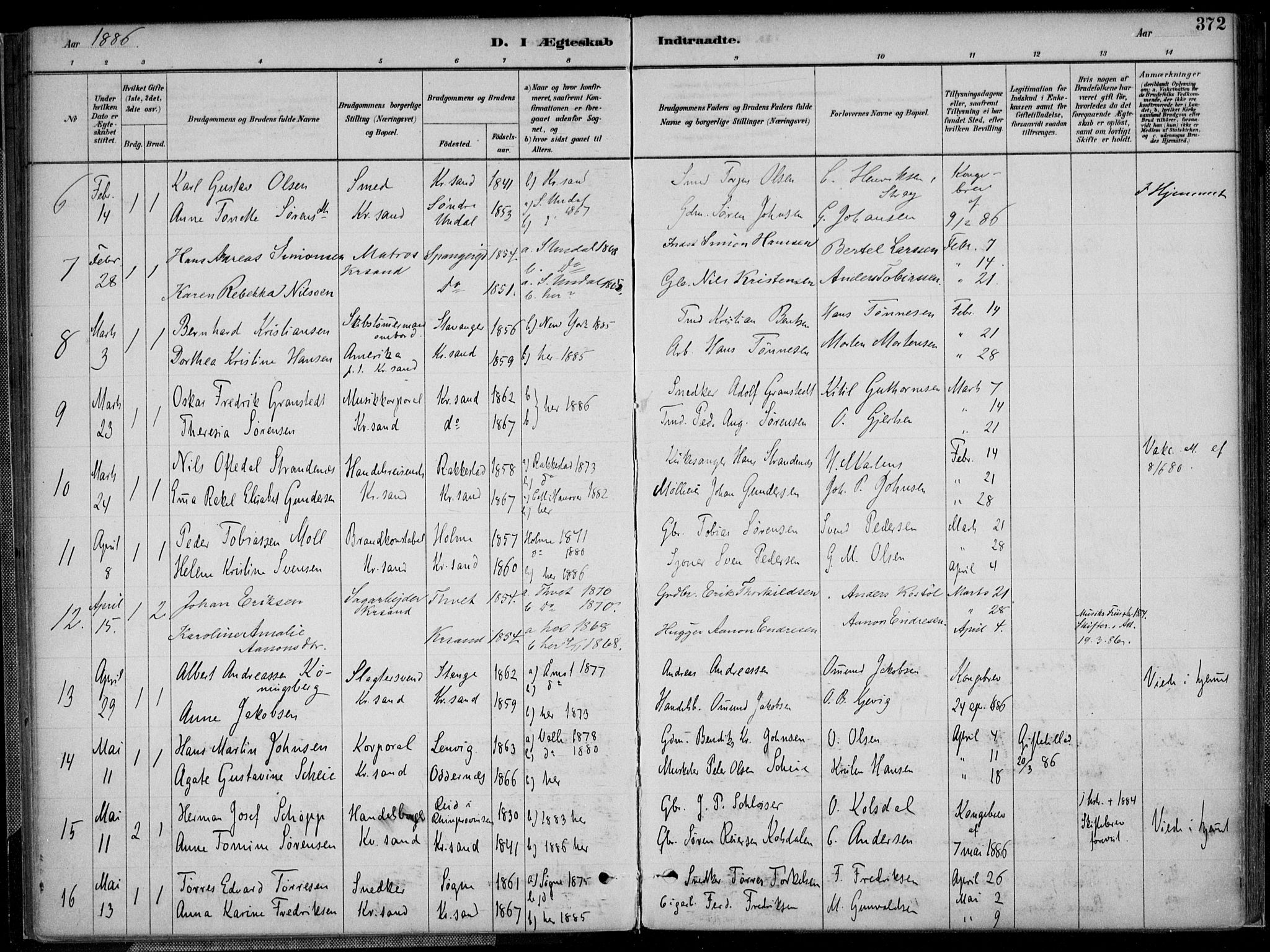 Kristiansand domprosti, AV/SAK-1112-0006/F/Fa/L0017: Ministerialbok nr. A 16B, 1880-1890, s. 372