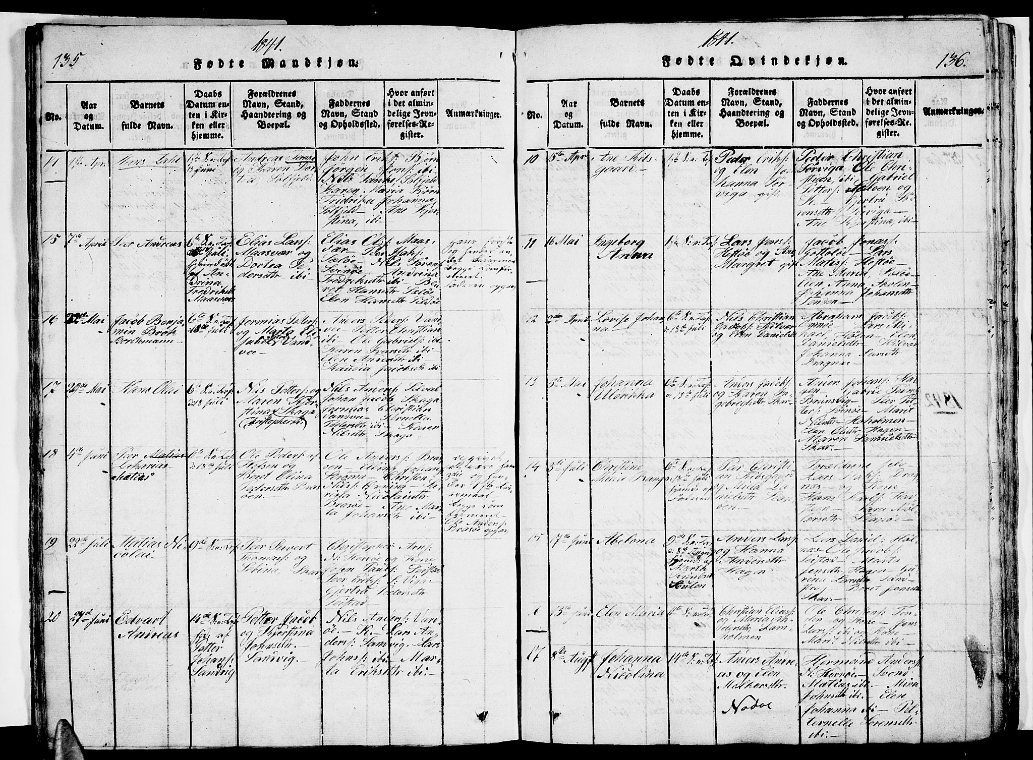 Ministerialprotokoller, klokkerbøker og fødselsregistre - Nordland, AV/SAT-A-1459/834/L0510: Klokkerbok nr. 834C01, 1820-1847, s. 135-136