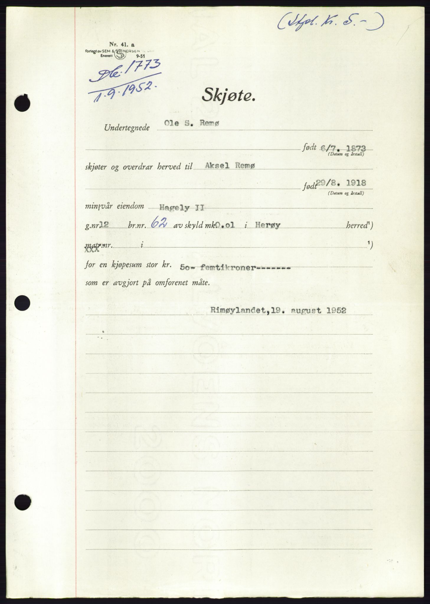 Søre Sunnmøre sorenskriveri, AV/SAT-A-4122/1/2/2C/L0092: Pantebok nr. 18A, 1952-1952, Dagboknr: 1773/1952