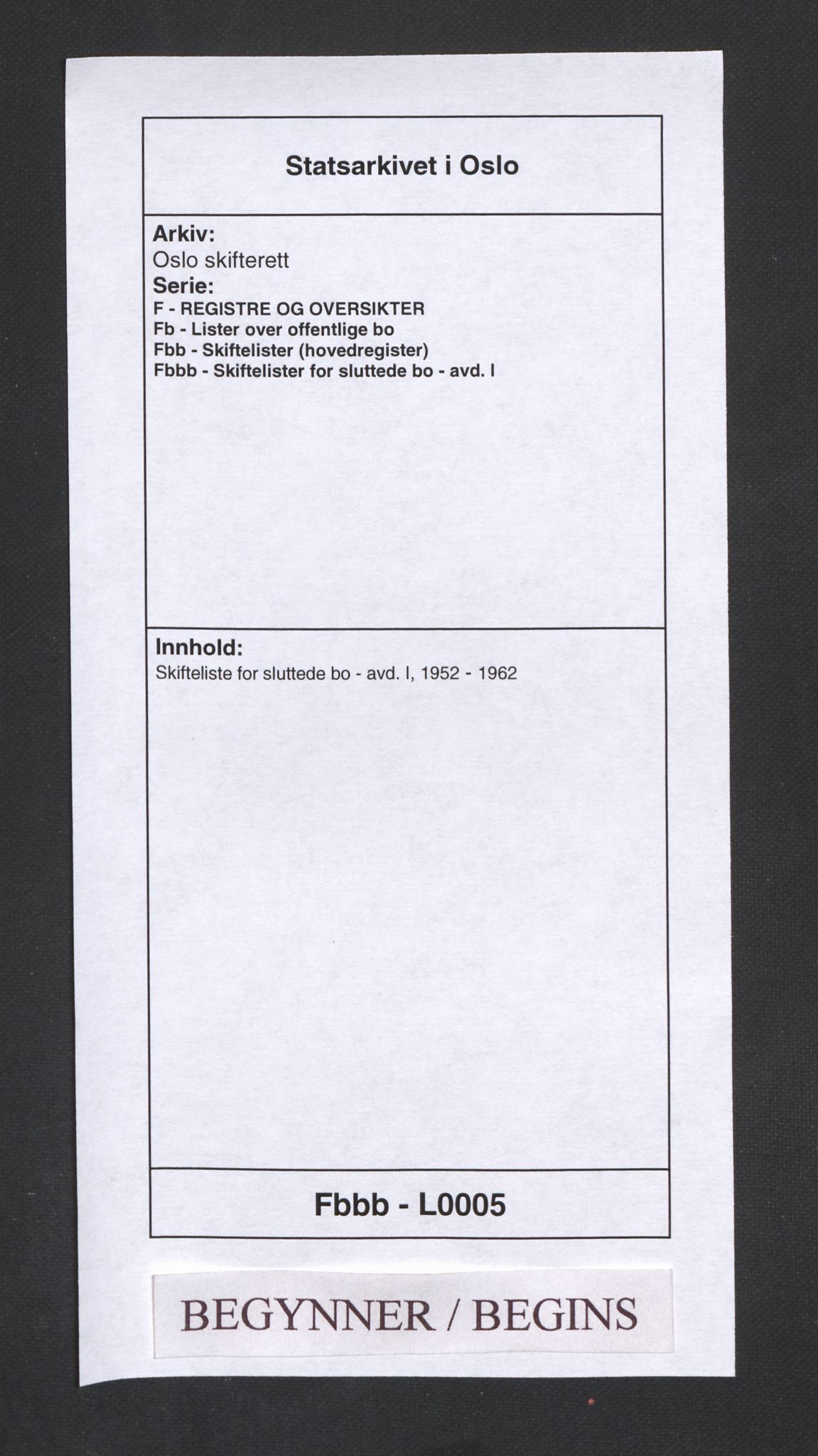 Oslo skifterett, SAO/A-10383/F/Fb/Fbb/Fbbb/L0005: Skifteliste for sluttede bo - avd. I, 1952-1962