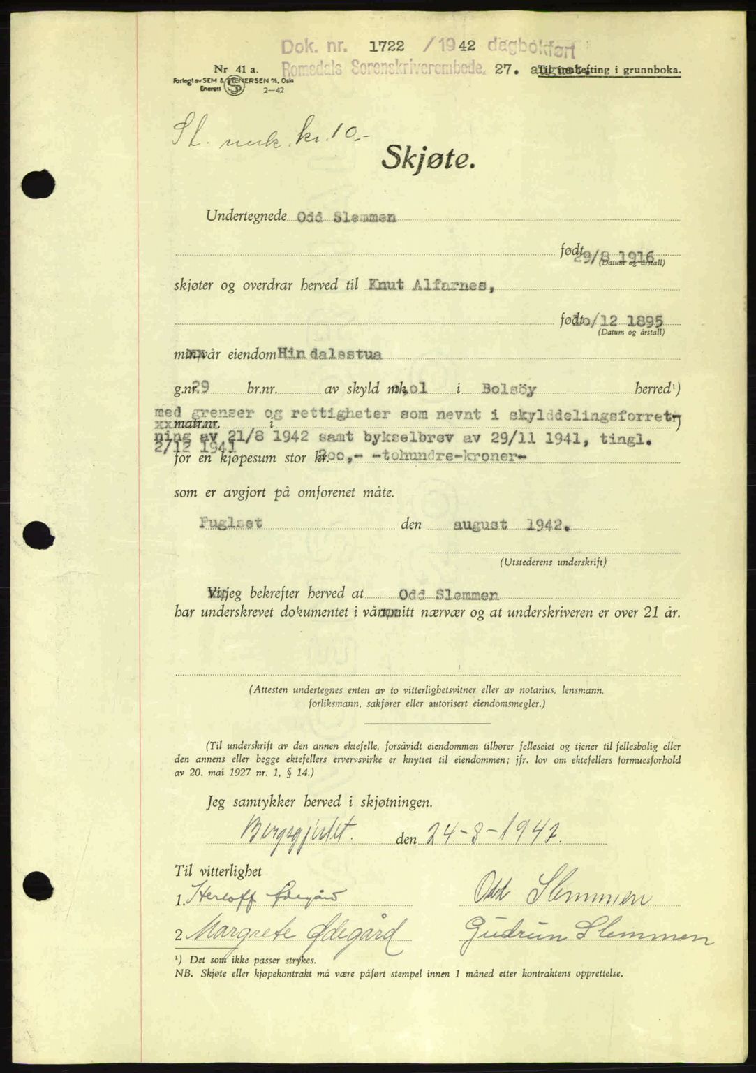 Romsdal sorenskriveri, SAT/A-4149/1/2/2C: Pantebok nr. A12, 1942-1942, Dagboknr: 1722/1942