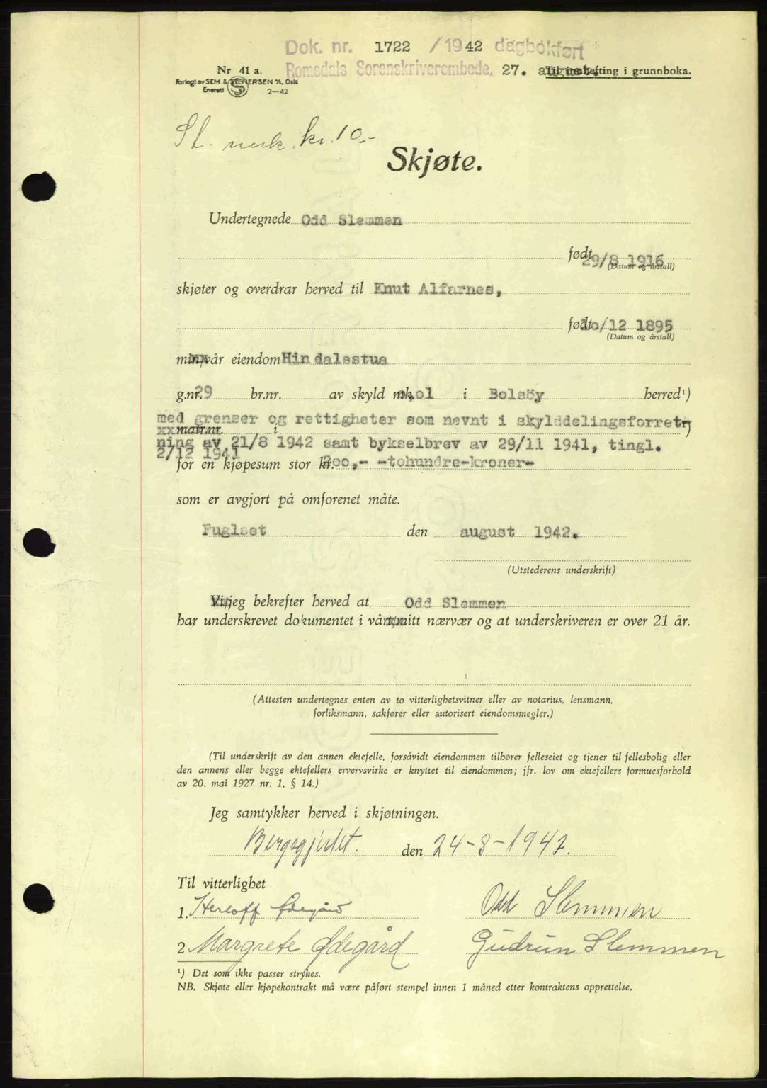 Romsdal sorenskriveri, AV/SAT-A-4149/1/2/2C: Pantebok nr. A12, 1942-1942, Dagboknr: 1722/1942