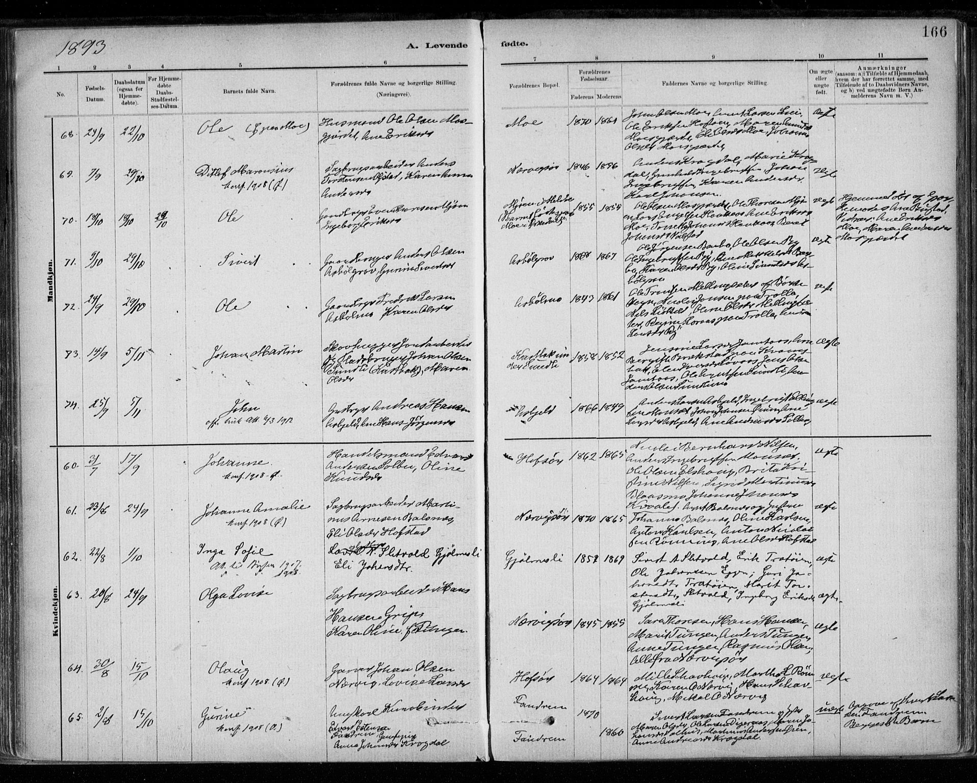 Ministerialprotokoller, klokkerbøker og fødselsregistre - Sør-Trøndelag, AV/SAT-A-1456/668/L0809: Ministerialbok nr. 668A09, 1881-1895, s. 166