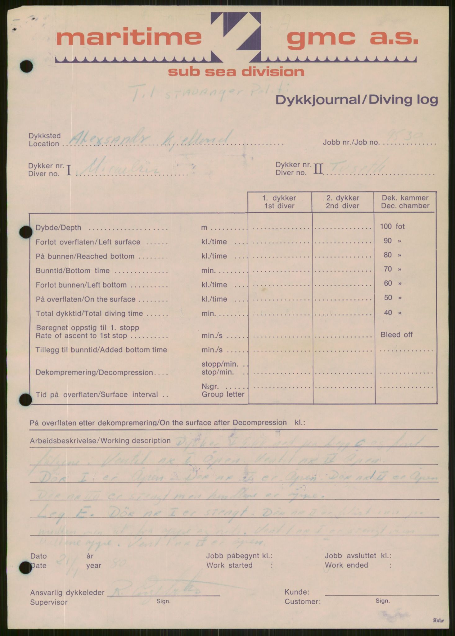 Justisdepartementet, Granskningskommisjonen ved Alexander Kielland-ulykken 27.3.1980, RA/S-1165/D/L0006: A Alexander L. Kielland (Doku.liste + A3-A6, A11-A13, A18-A20-A21, A23, A31 av 31)/Dykkerjournaler, 1980-1981, s. 661