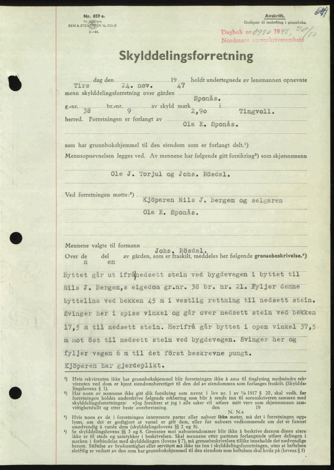 Nordmøre sorenskriveri, AV/SAT-A-4132/1/2/2Ca: Pantebok nr. A109, 1948-1948, Dagboknr: 2980/1948