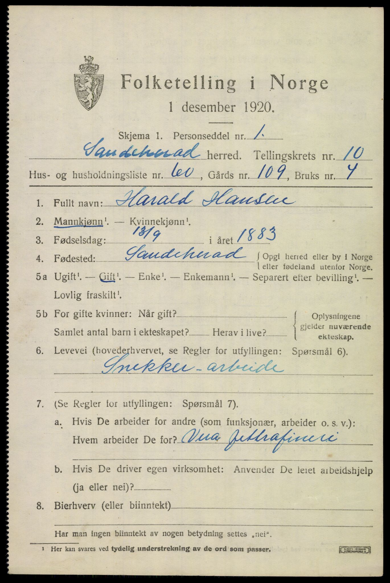 SAKO, Folketelling 1920 for 0724 Sandeherred herred, 1920, s. 15270