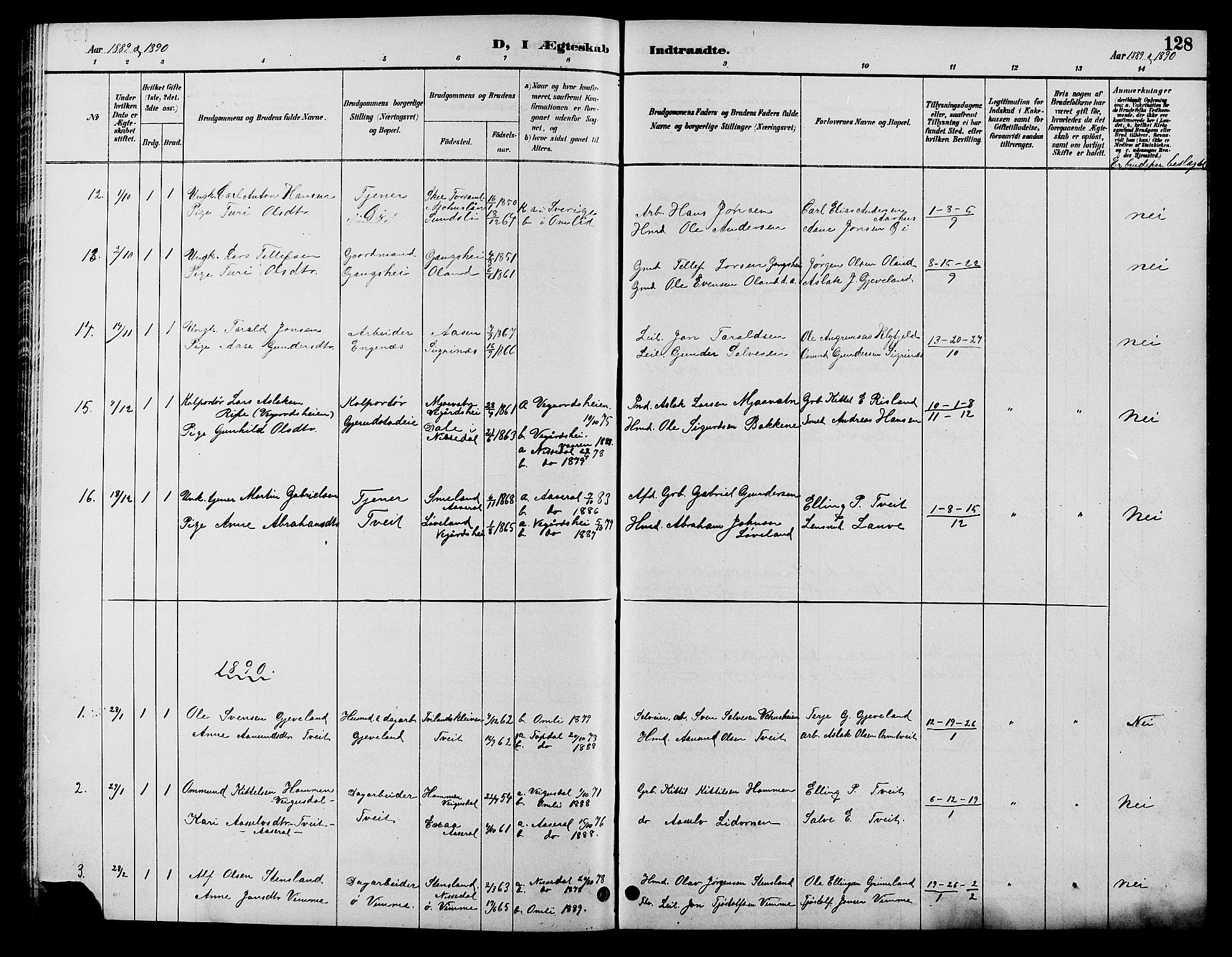 Åmli sokneprestkontor, SAK/1111-0050/F/Fb/Fbc/L0004: Klokkerbok nr. B 4, 1889-1902, s. 128