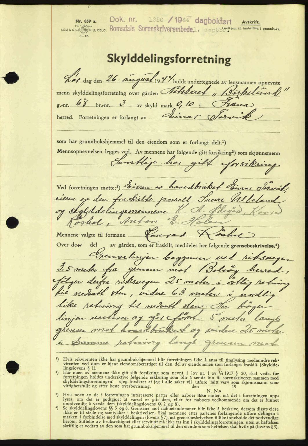 Romsdal sorenskriveri, SAT/A-4149/1/2/2C: Pantebok nr. A16, 1944-1944, Dagboknr: 1250/1944