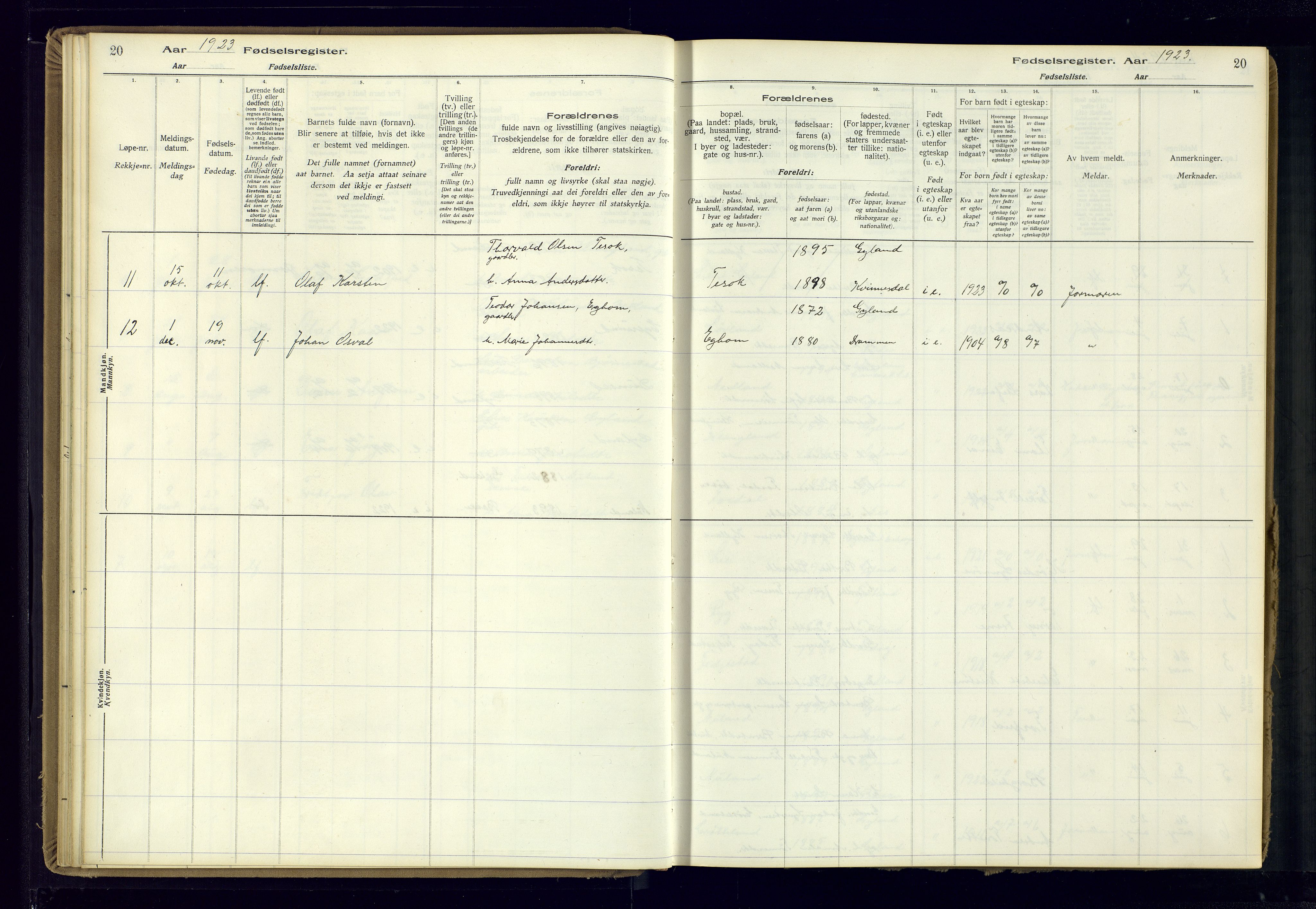 Bakke sokneprestkontor, AV/SAK-1111-0002/J/Ja/L0002: Fødselsregister nr. A-VI-19, 1916-1982, s. 20