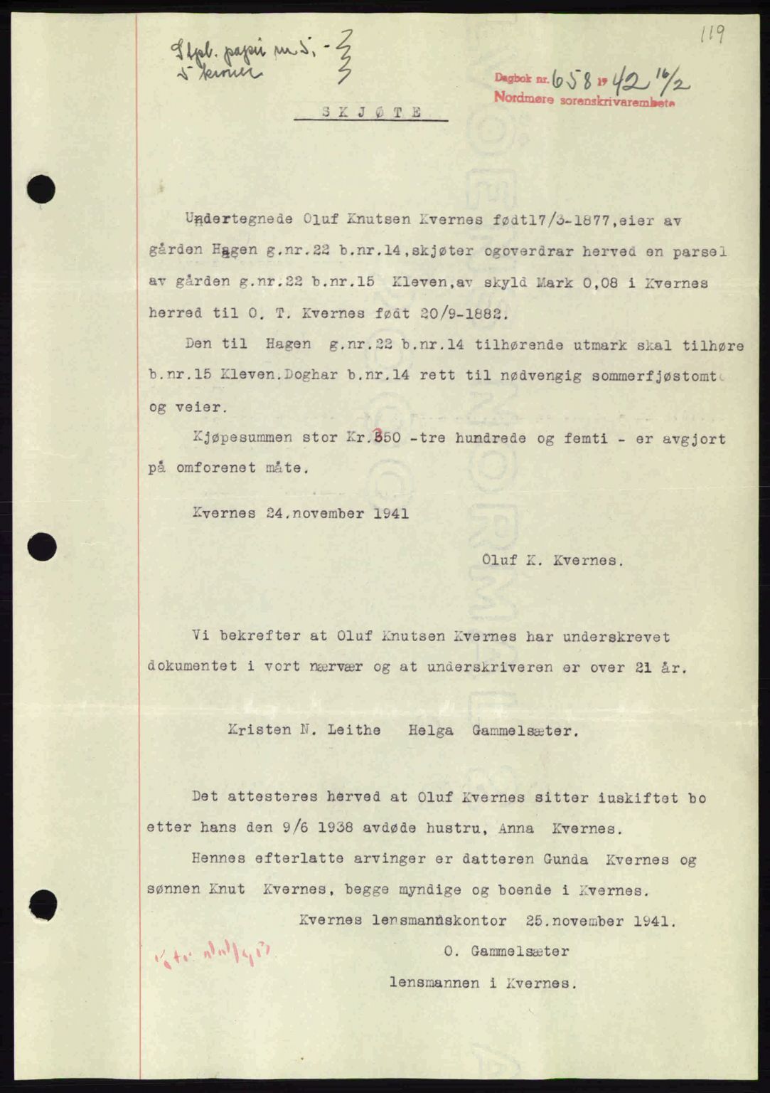Nordmøre sorenskriveri, SAT/A-4132/1/2/2Ca: Pantebok nr. A92, 1942-1942, Dagboknr: 658/1942