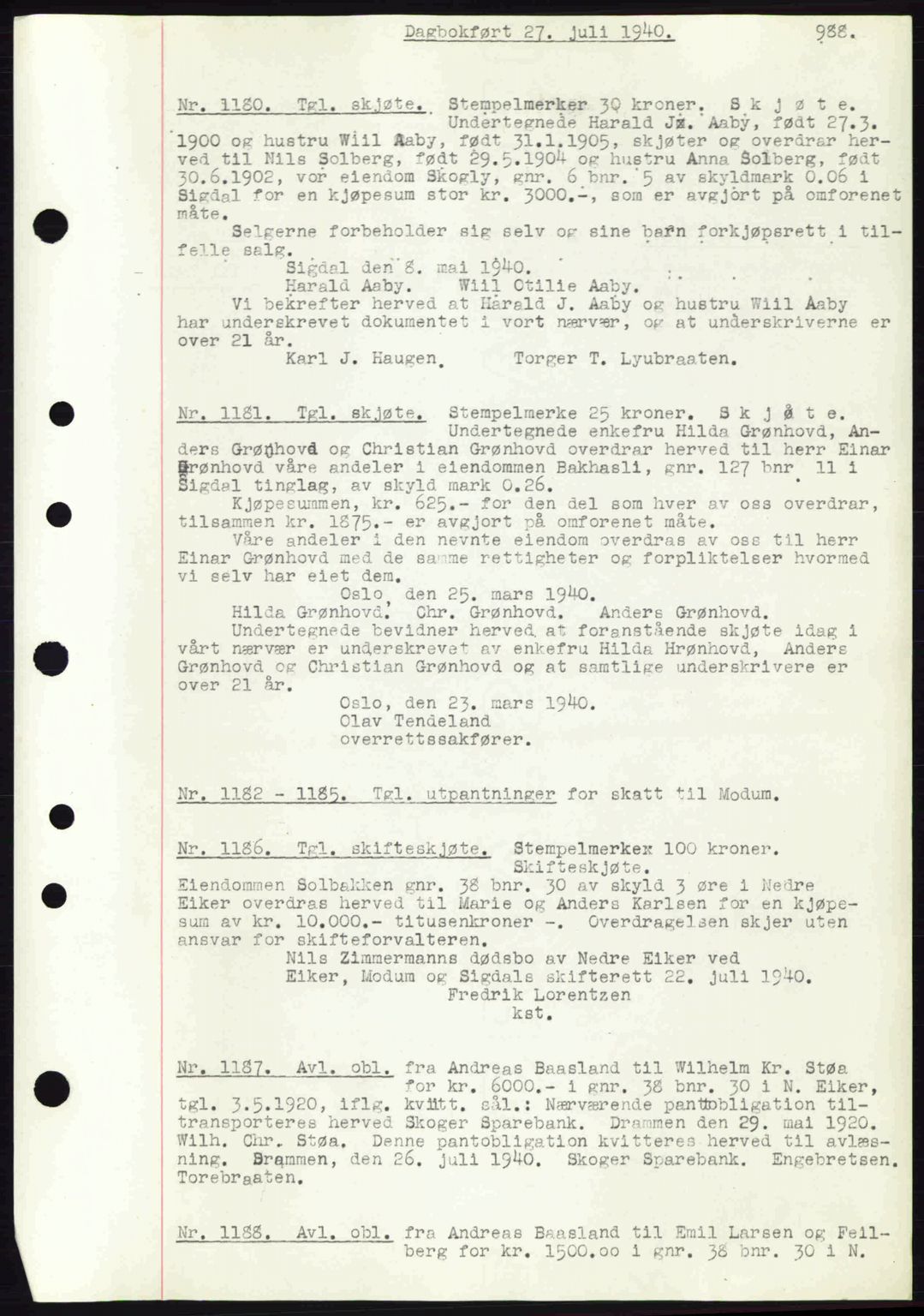 Eiker, Modum og Sigdal sorenskriveri, SAKO/A-123/G/Ga/Gab/L0041: Pantebok nr. A11, 1939-1940, Dagboknr: 1180/1940