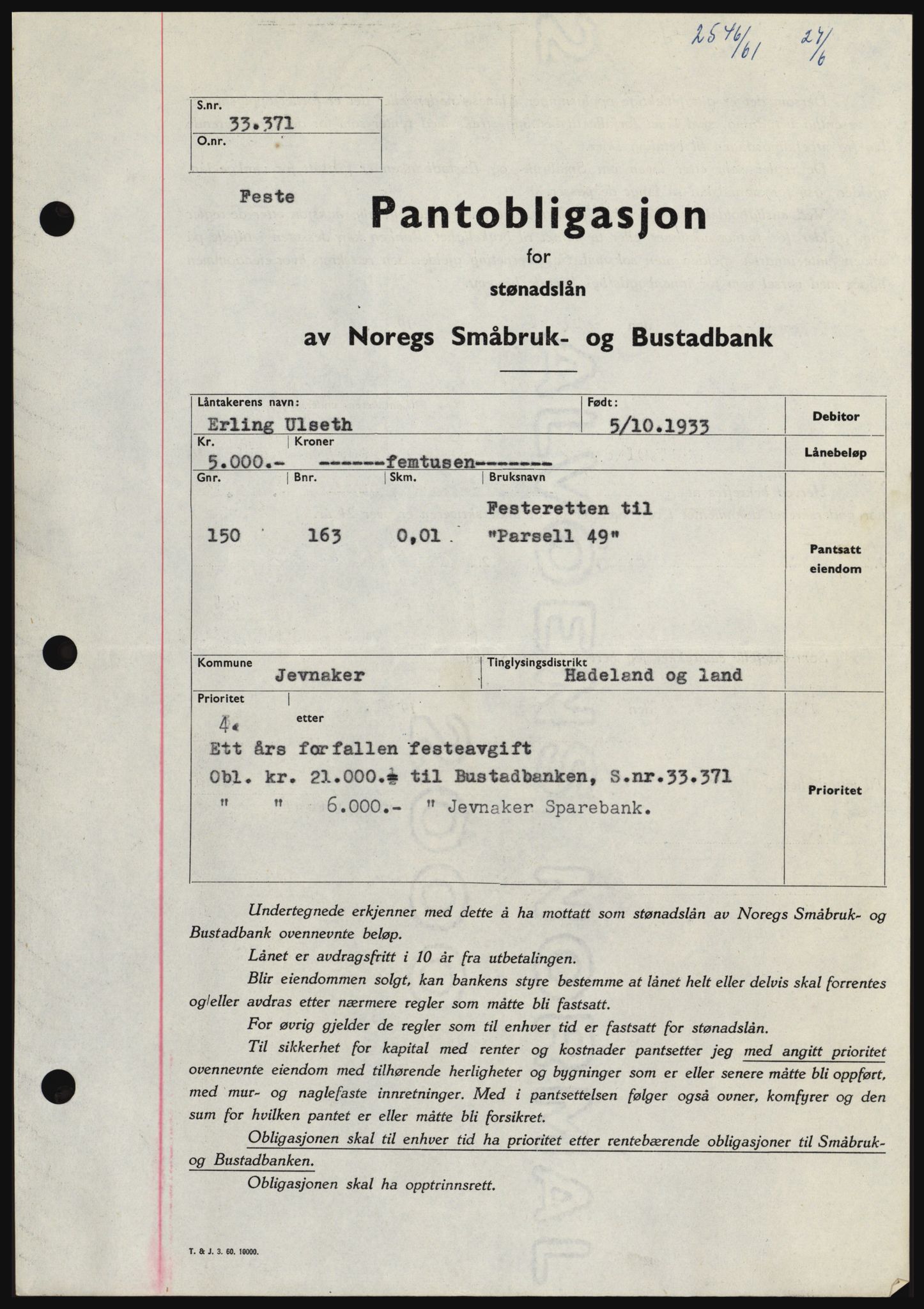 Hadeland og Land tingrett, SAH/TING-010/H/Hb/Hbc/L0046: Pantebok nr. B46, 1961-1961, Dagboknr: 2546/1961