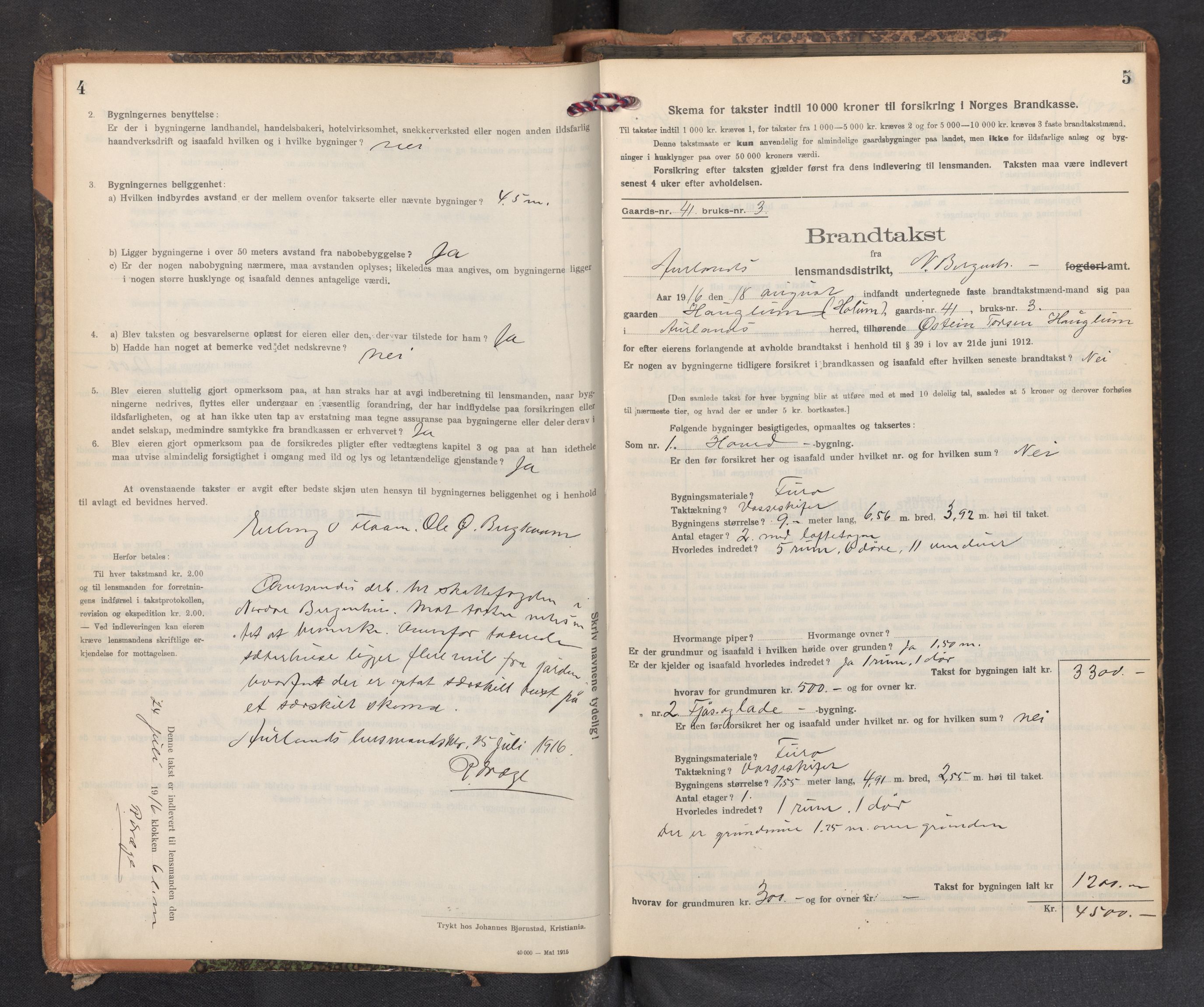 Lensmannen i Aurland, SAB/A-26401/0012/L0006: Branntakstprotokoll, skjematakst, 1916-1922, s. 4-5