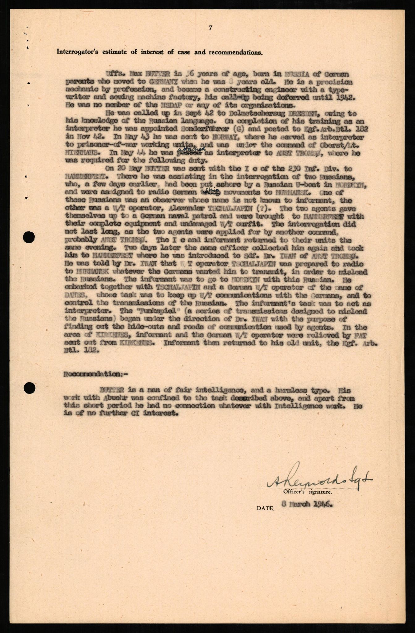 Forsvaret, Forsvarets overkommando II, RA/RAFA-3915/D/Db/L0005: CI Questionaires. Tyske okkupasjonsstyrker i Norge. Tyskere., 1945-1946, s. 72