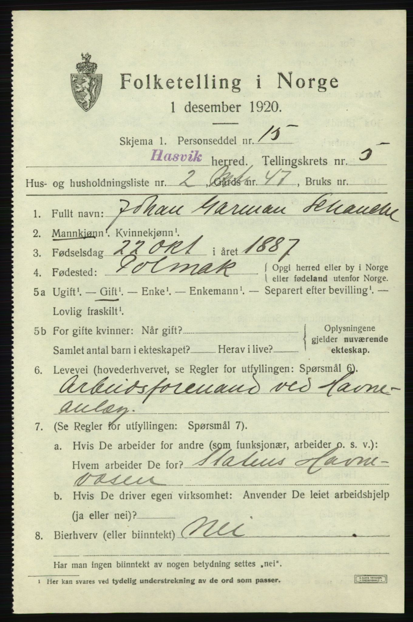 SATØ, Folketelling 1920 for 2015 Hasvik herred, 1920, s. 2353