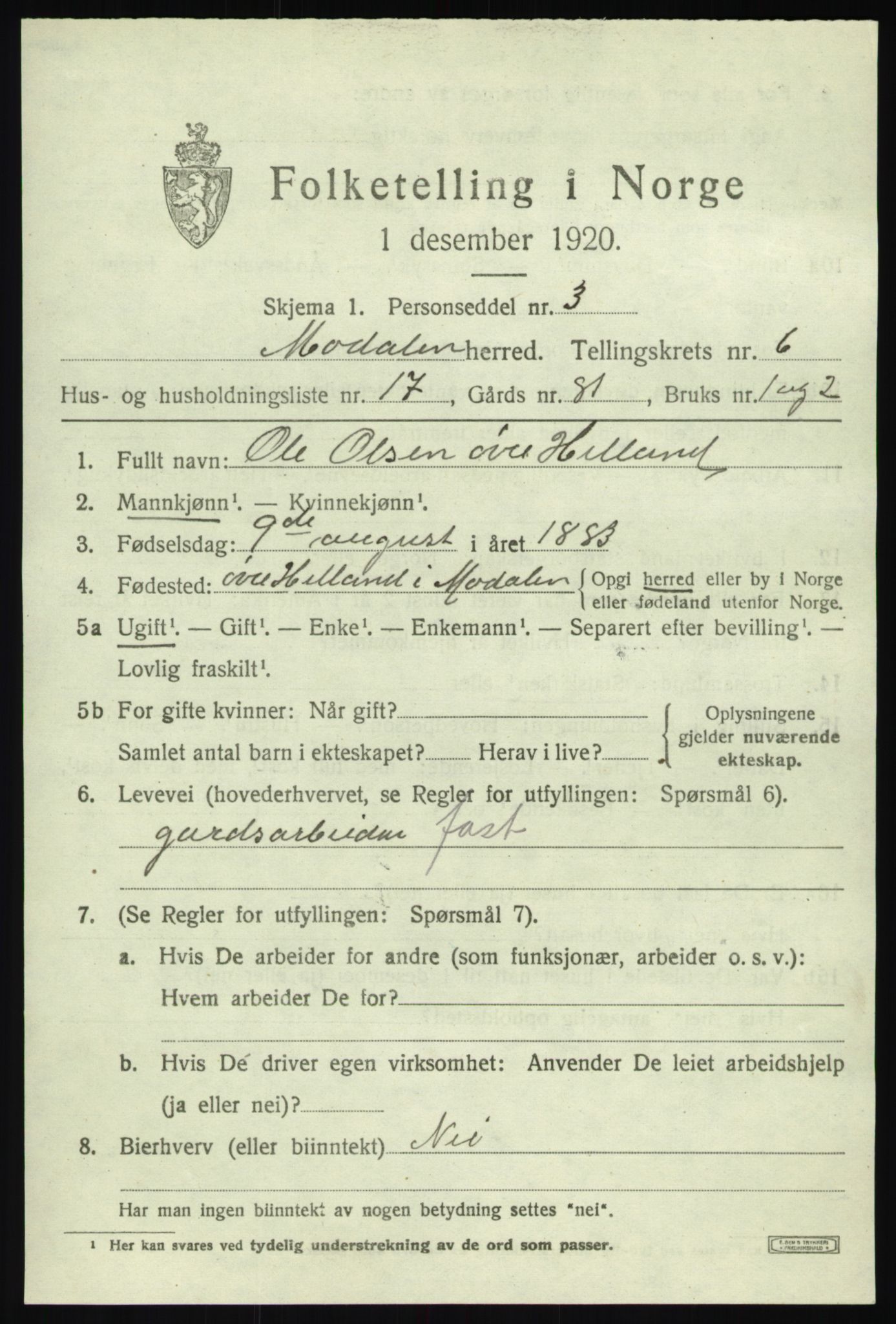 SAB, Folketelling 1920 for 1252 Modalen herred, 1920, s. 1372