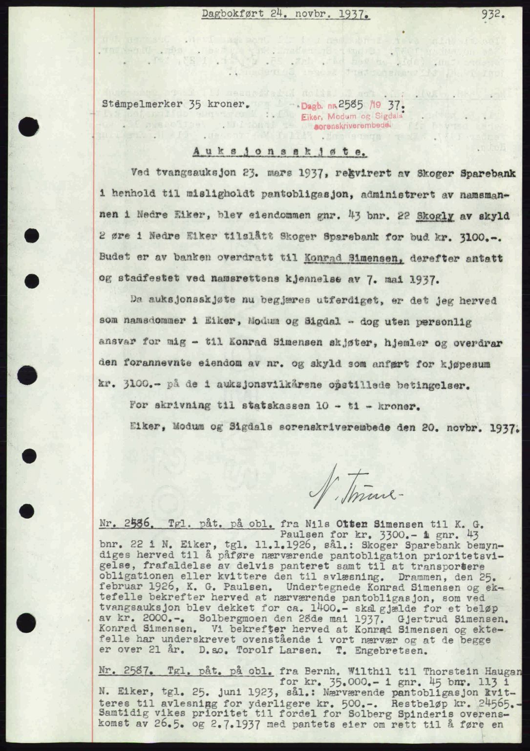Eiker, Modum og Sigdal sorenskriveri, SAKO/A-123/G/Ga/Gab/L0036: Pantebok nr. A6, 1937-1937, Dagboknr: 2585/1937