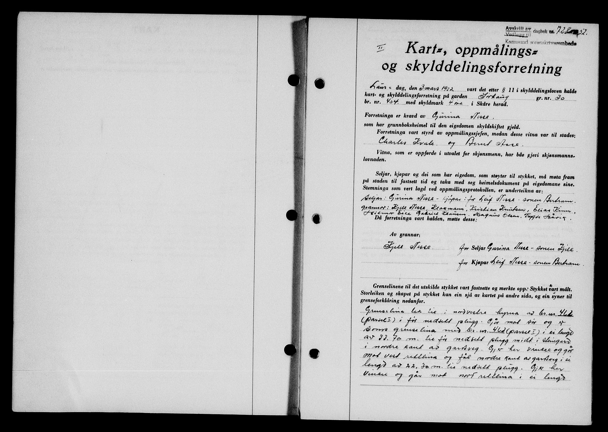 Karmsund sorenskriveri, SAST/A-100311/01/II/IIB/L0105: Pantebok nr. 85A, 1952-1952, Dagboknr: 728/1952