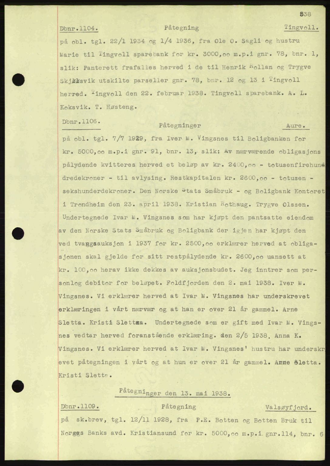 Nordmøre sorenskriveri, SAT/A-4132/1/2/2Ca: Pantebok nr. C80, 1936-1939, Dagboknr: 1104/1938